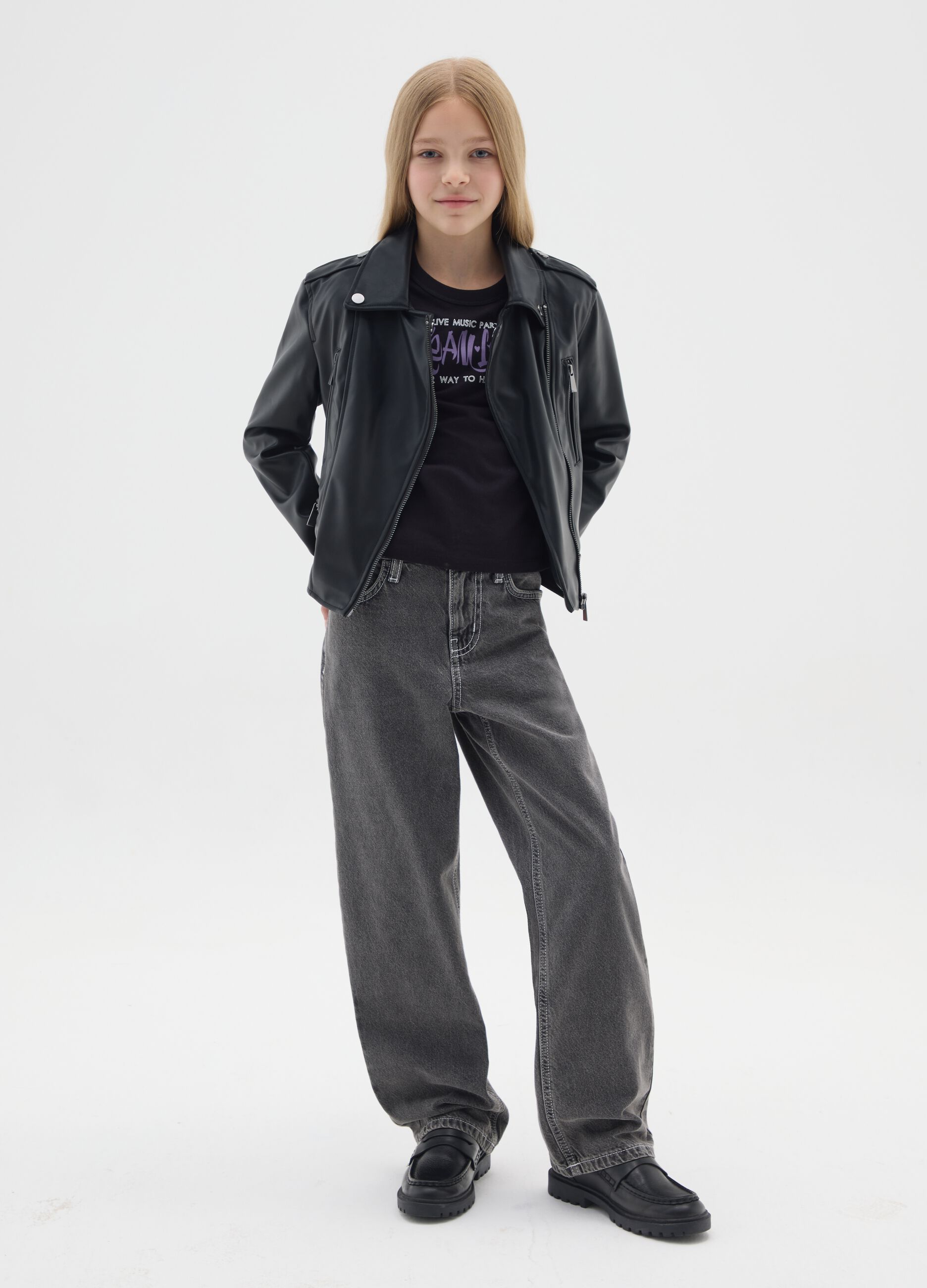 Girls' grey cotton denim trousers with regular fit