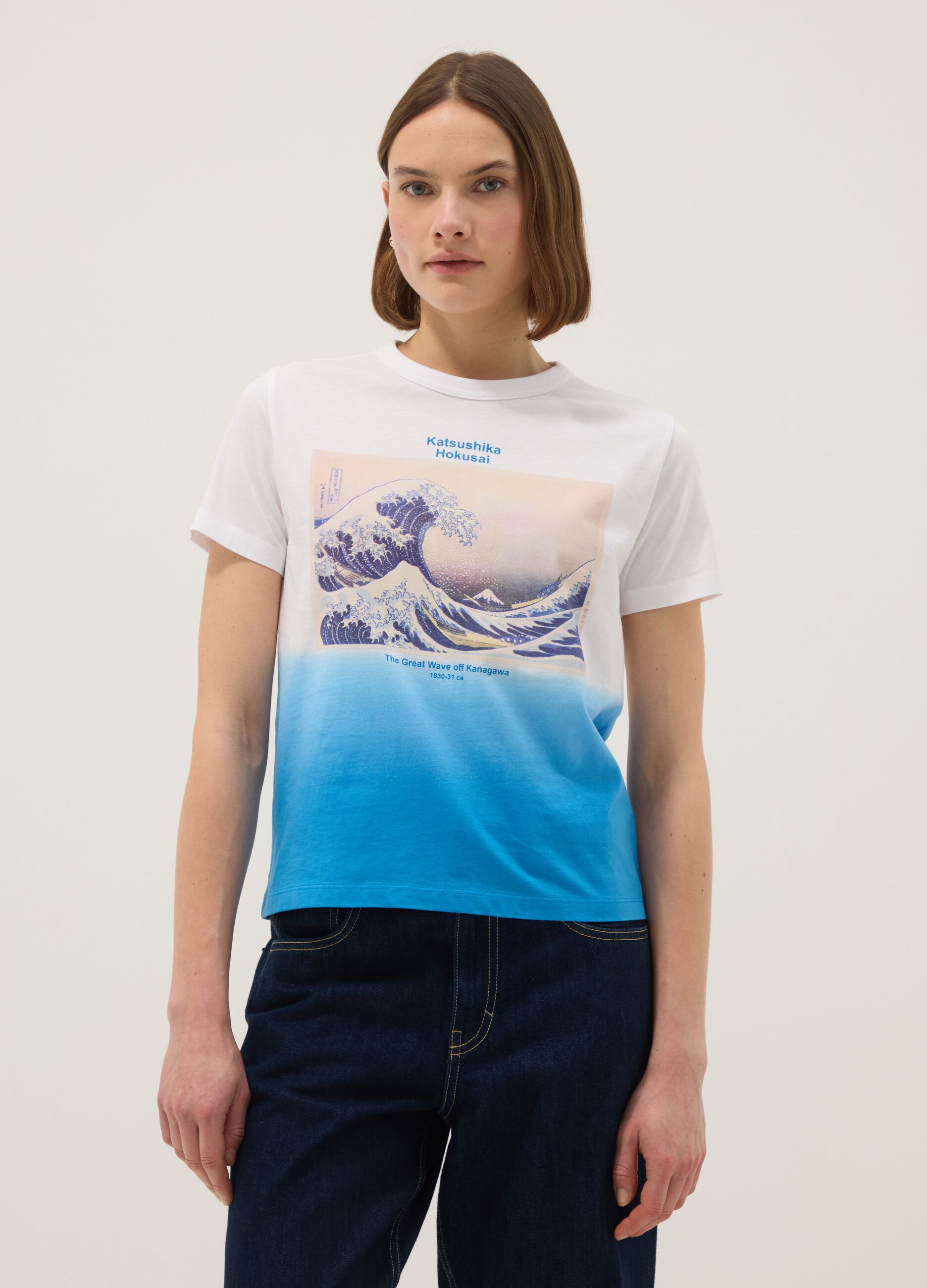 Multicolour pure cotton regular fit t-shirt with Hokusai wave
