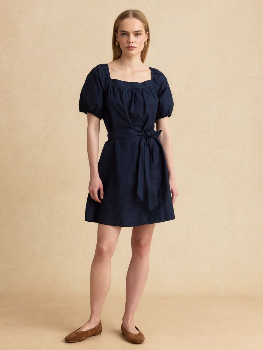 Abito mini blu in puro cotone con cintura_0