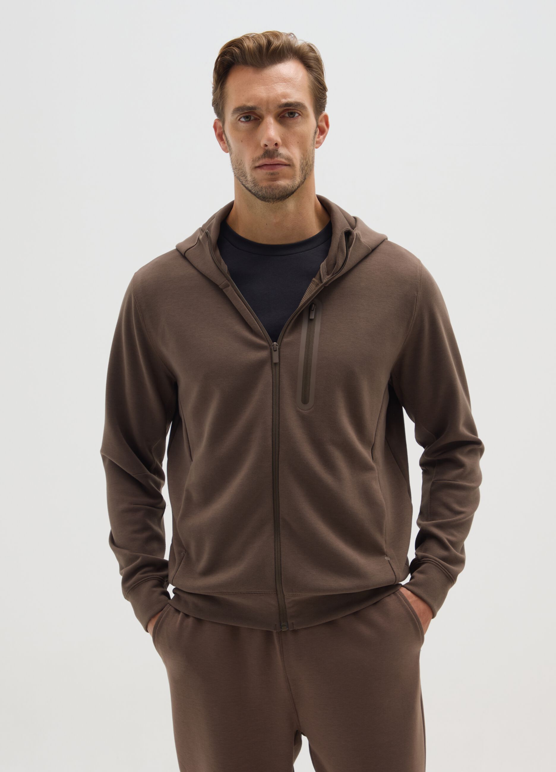Brown regular fit hoodie with zip and hood