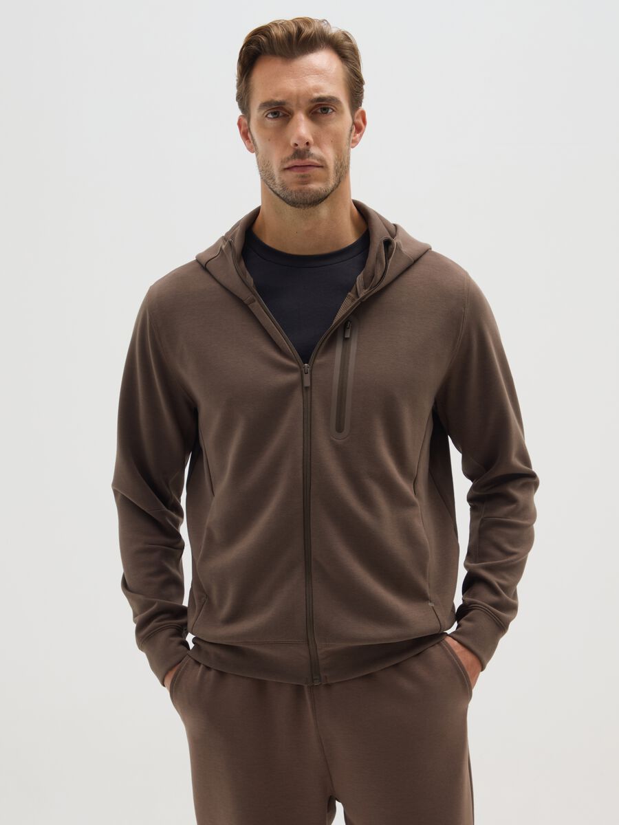 Brown regular fit hoodie with zip and hood_0