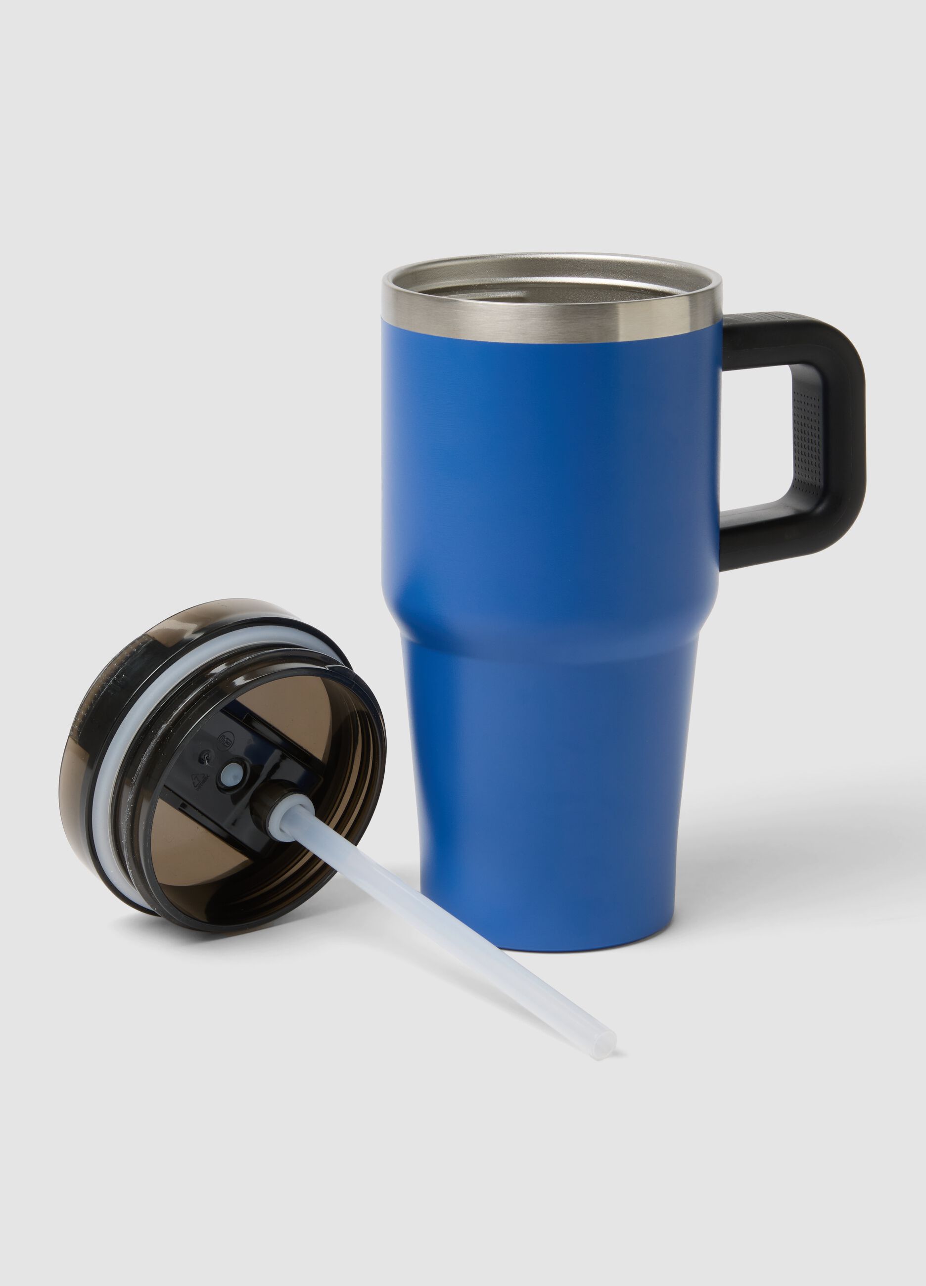 Blue insulated bottle with handle and straw