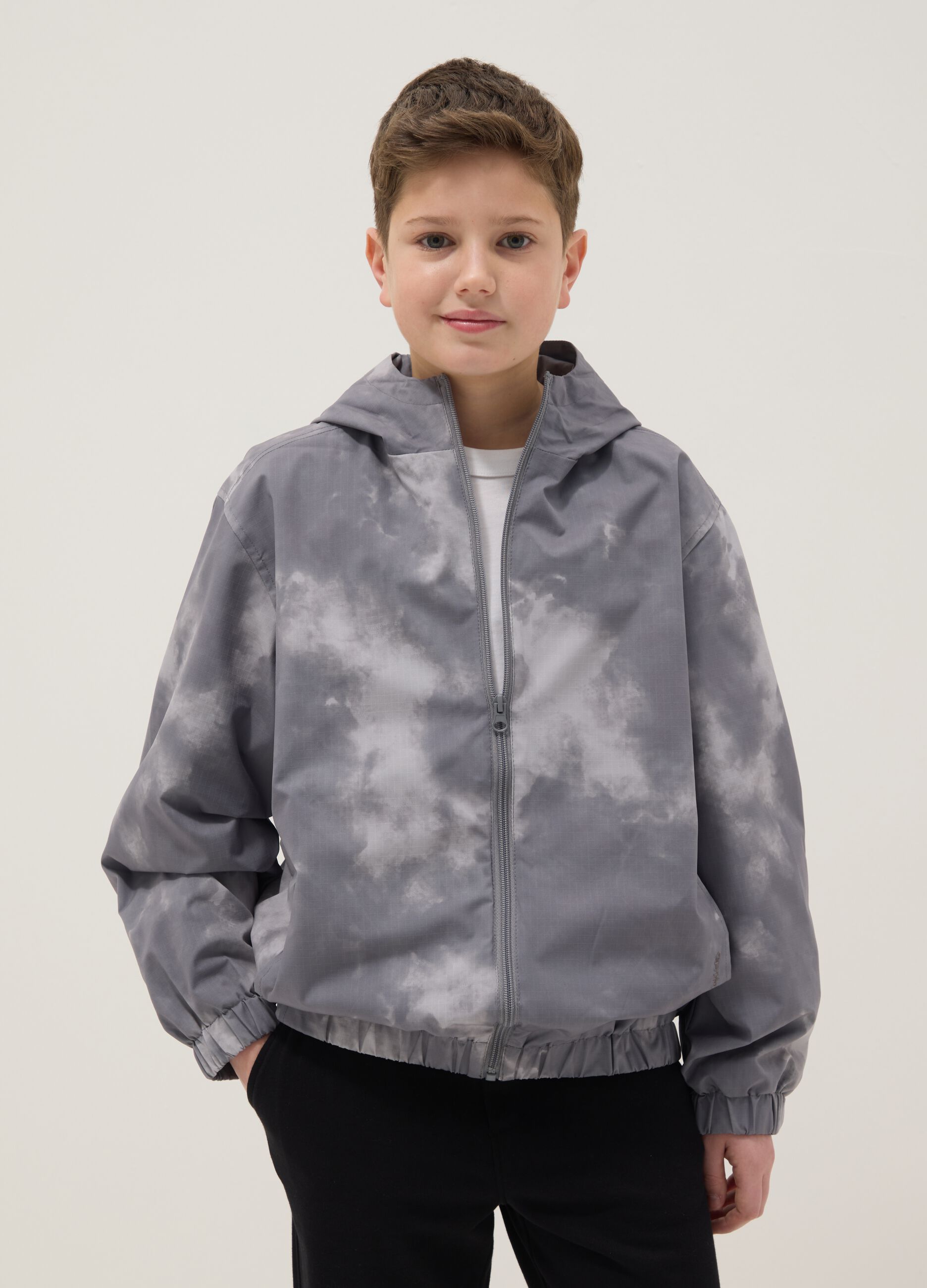 Grey mixed regular fit rain jacket with hood for boys