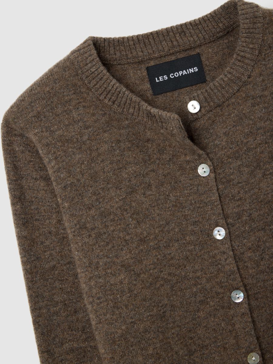 Brown crew neck cardigan in pure wool regular fit_5