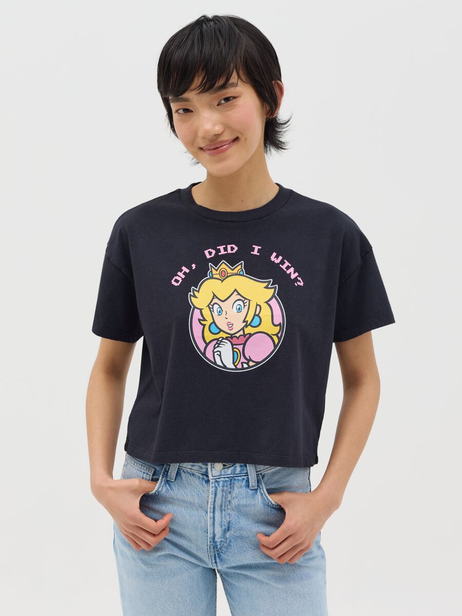 Black T-shirt in cotton with Super Mario™ Princess Peach print_0