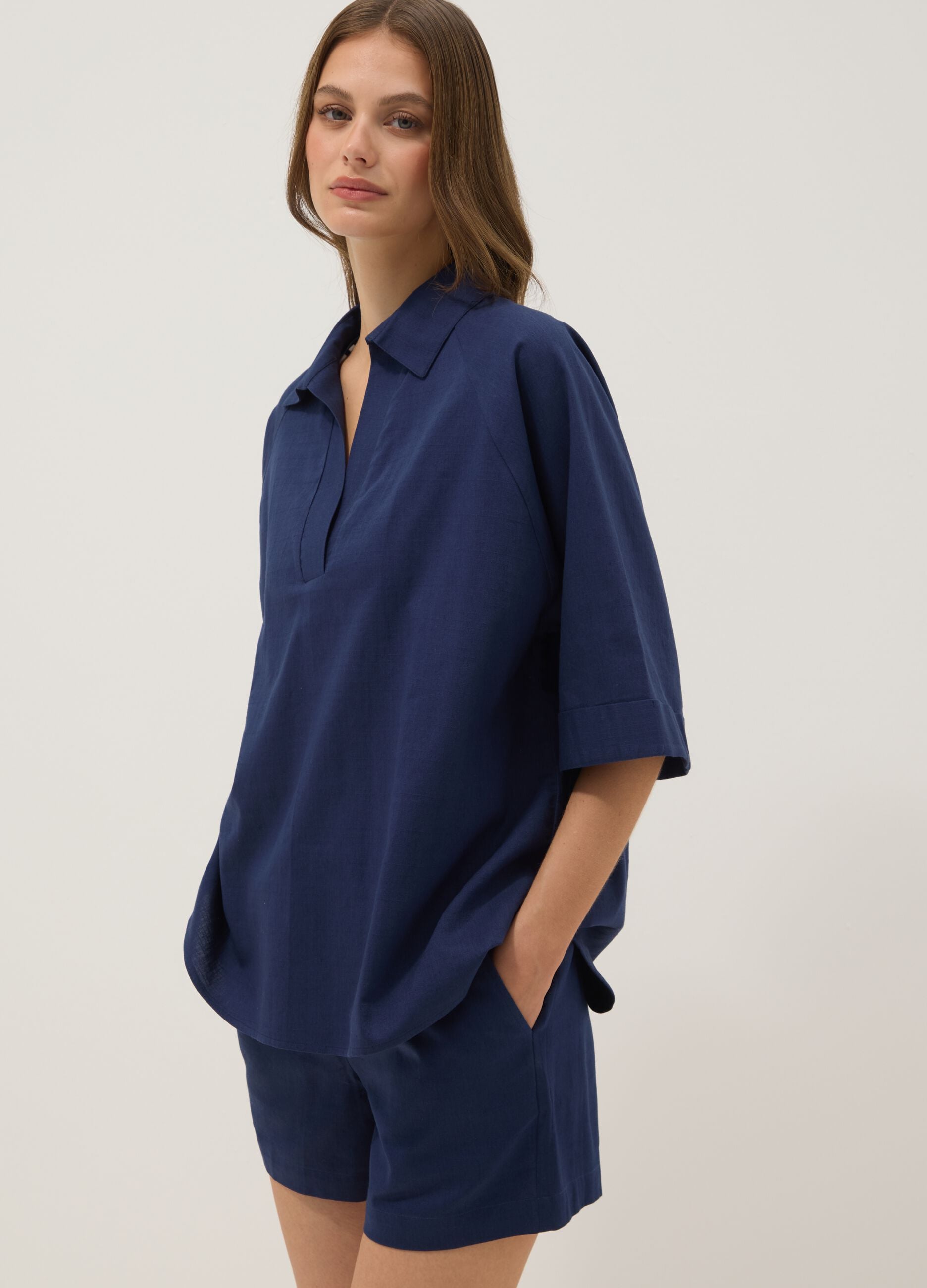 Blue pure cotton V-neck top