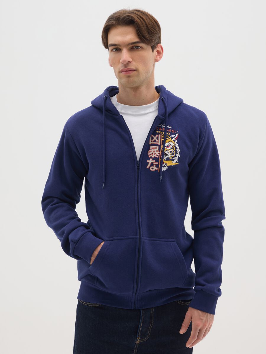 Blue cotton-blend hoodie with zip_0