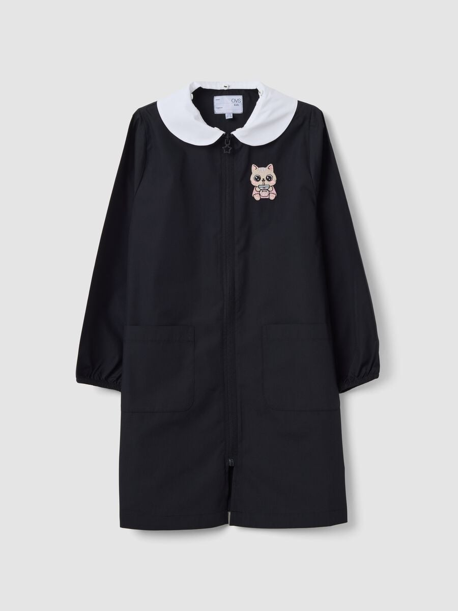 Black girls&rsquo; school smock with kitten embroidery and white collar_0