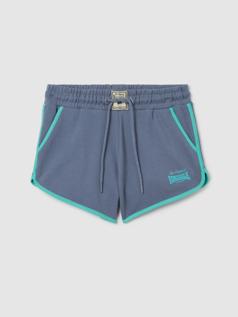 Blue fleece shorts with drawstring and logo print_4
