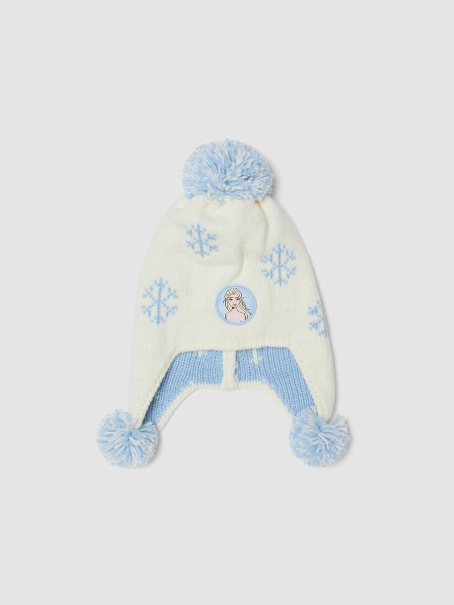 Cream White Knit Hat with Earflaps and Frozen Pom-Poms_0