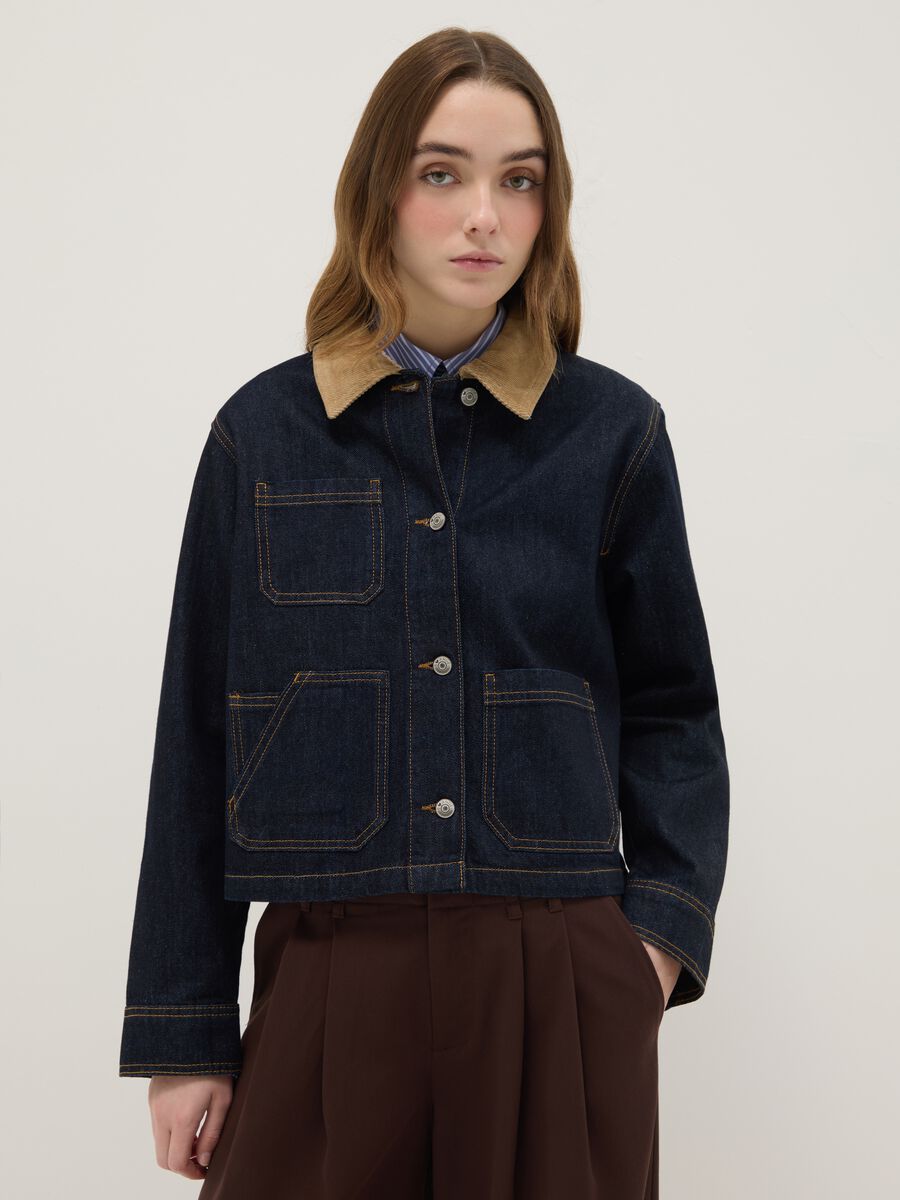 Pure cotton blue regular fit jacket with contrasting collar and pockets_0