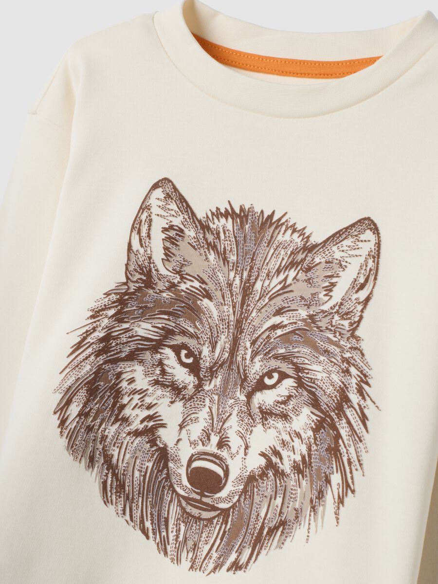T-shirt bianca in puro cotone con girocollo e stampa lupo over fit_2