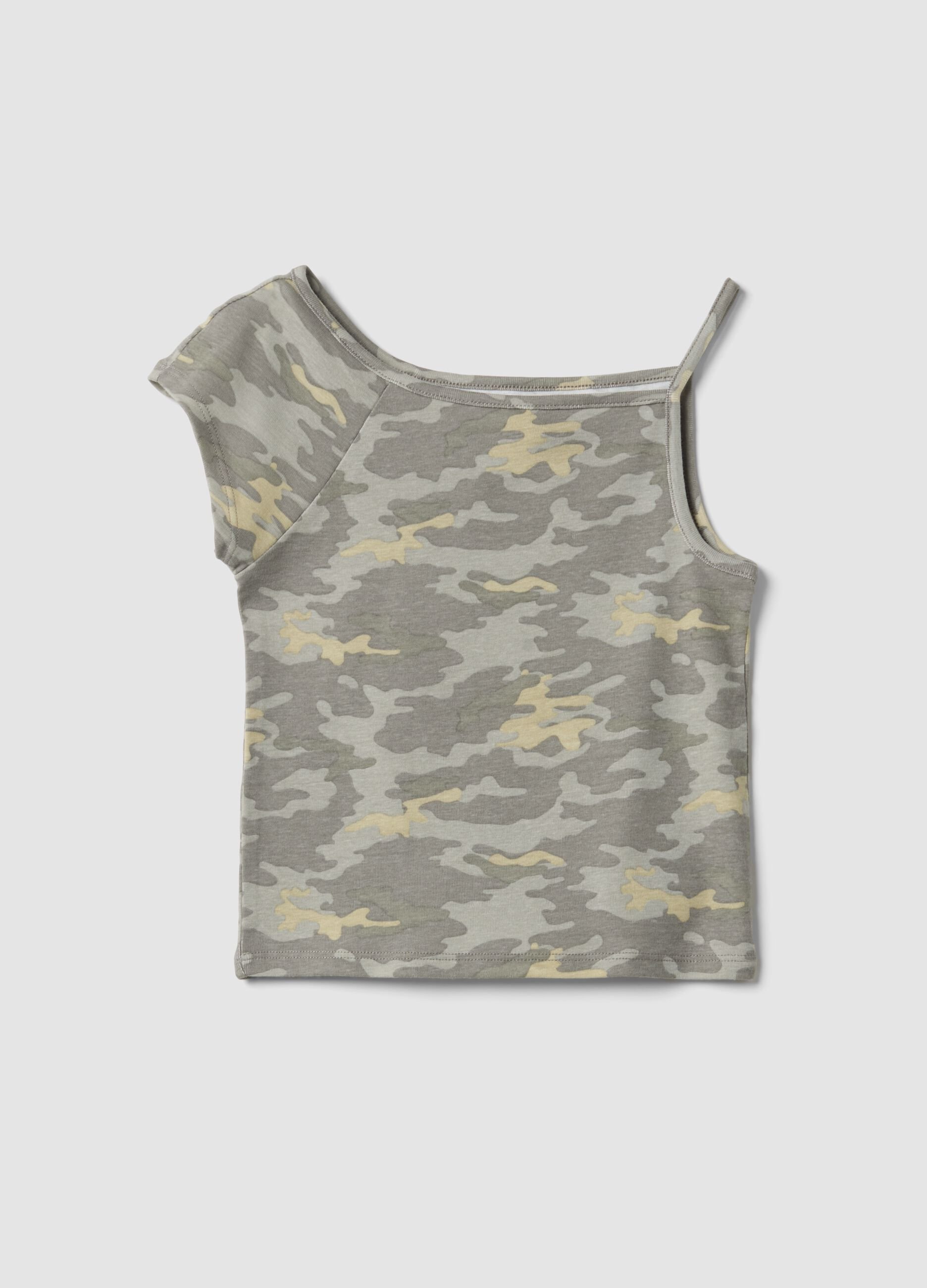 Grey cotton-blend one-shoulder T-shirt with camouflage print