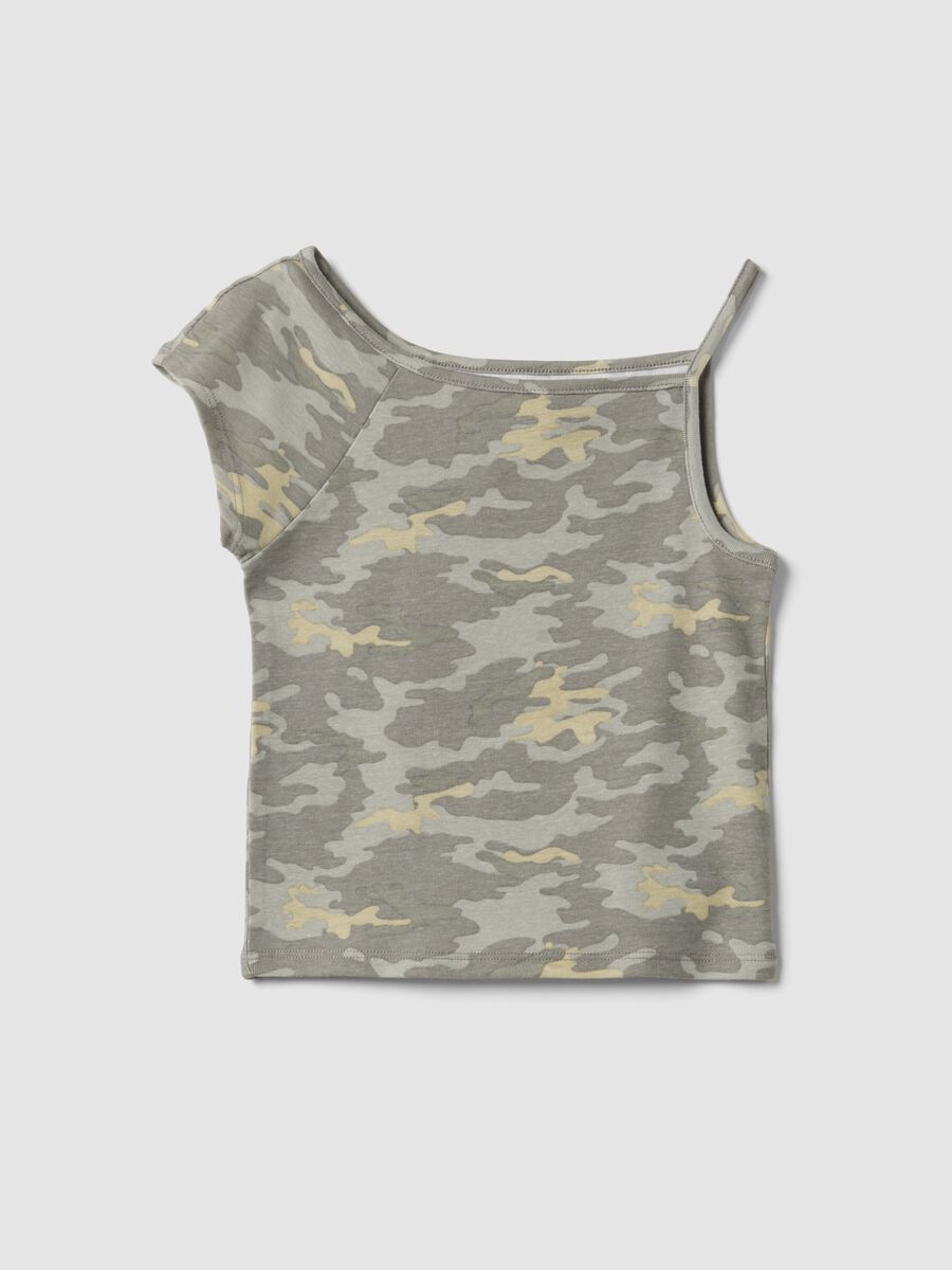 Grey cotton-blend one-shoulder T-shirt with camouflage print_0