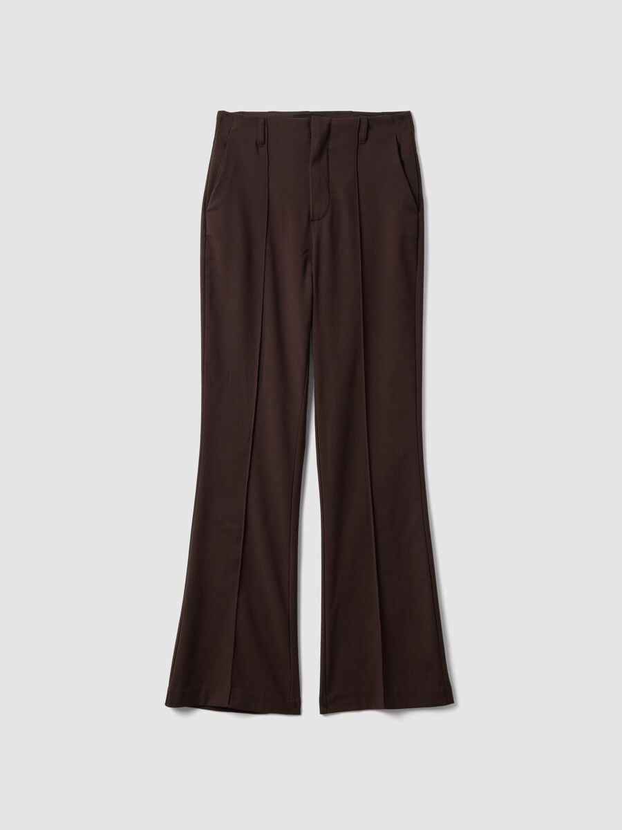 Brown Flared Formal Trousers in Stretch Viscose_0