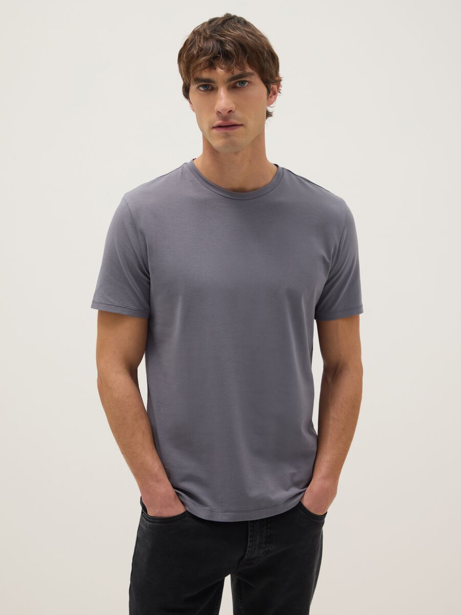 Grey slim fit stretch cotton T-shirt_0