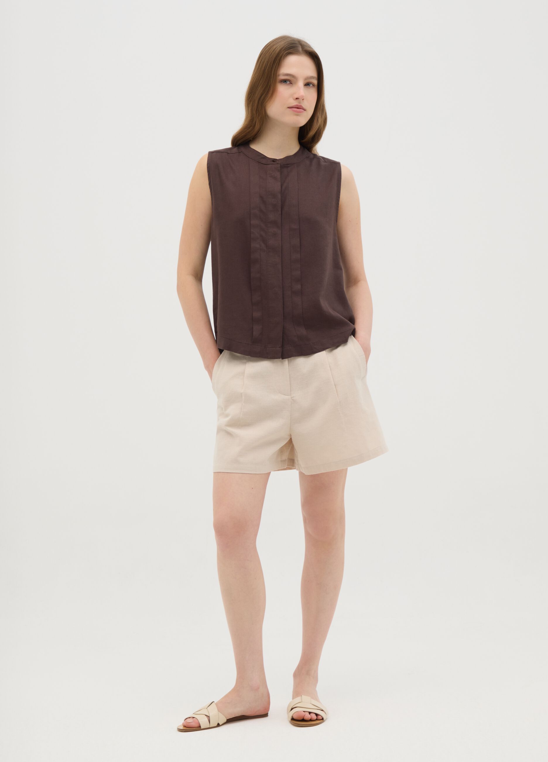 Women's beige pure cotton shorts regular fit