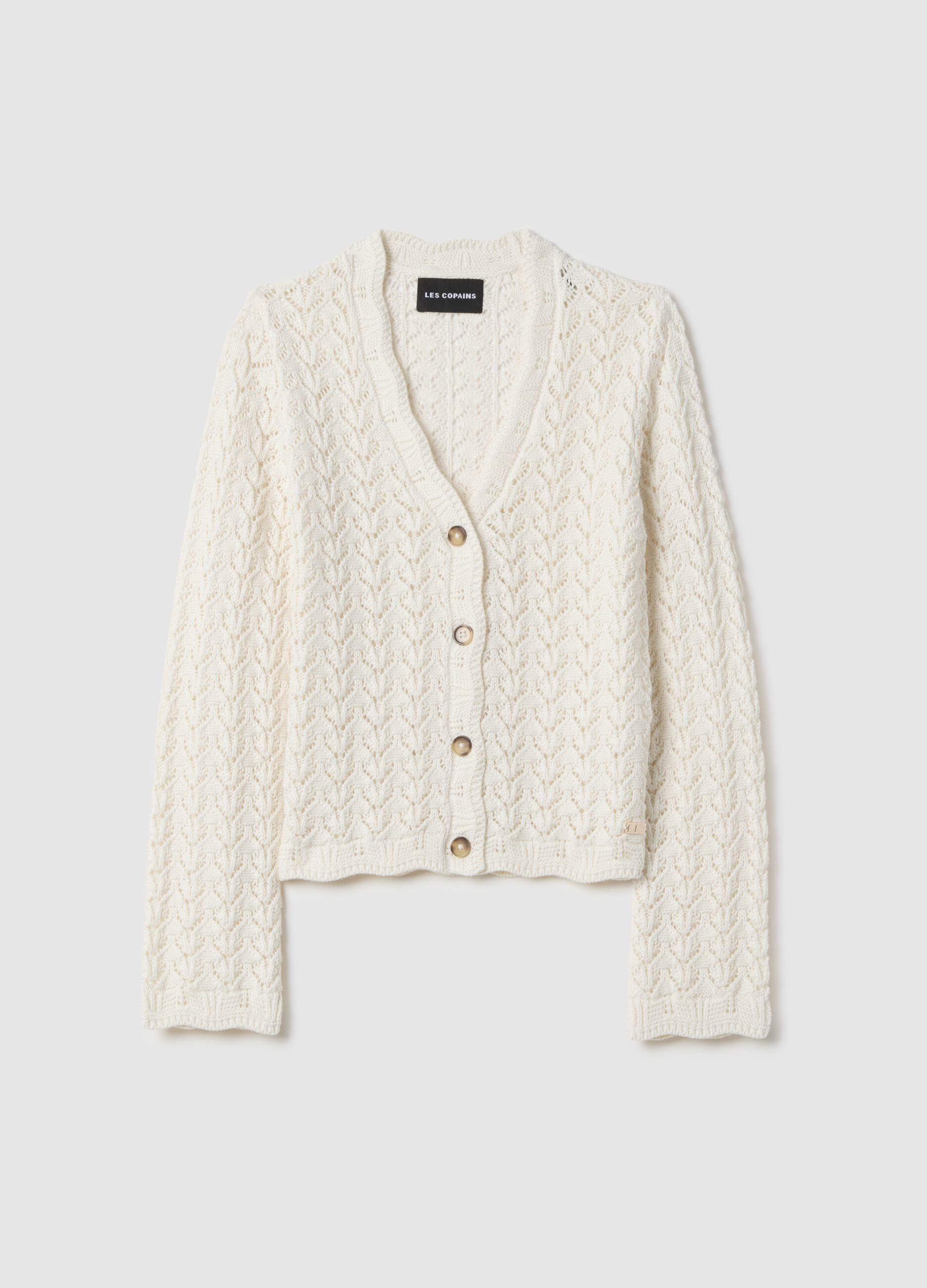 Cardigan in puro cotone bianco regular fit deep V con motivo traforato