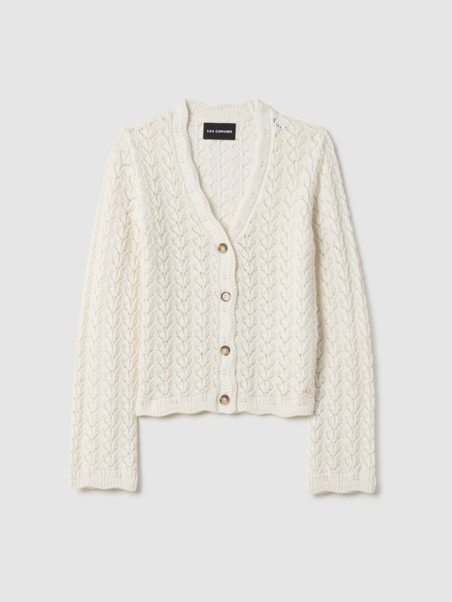 Cardigan in puro cotone bianco regular fit deep V con motivo traforato_0