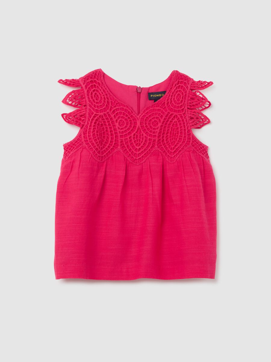Girls' pink viscose and cotton blend top with crochet details, regular fit_3