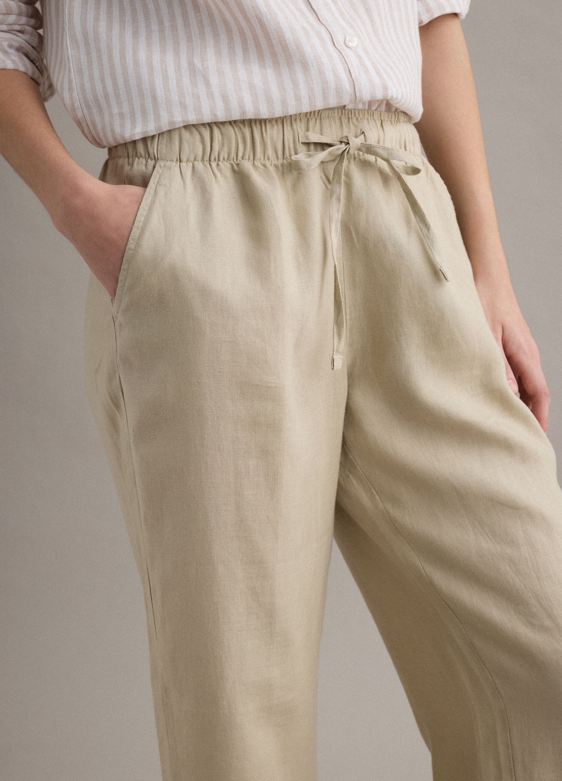 Beige pure linen straight-fit trousers with drawstring