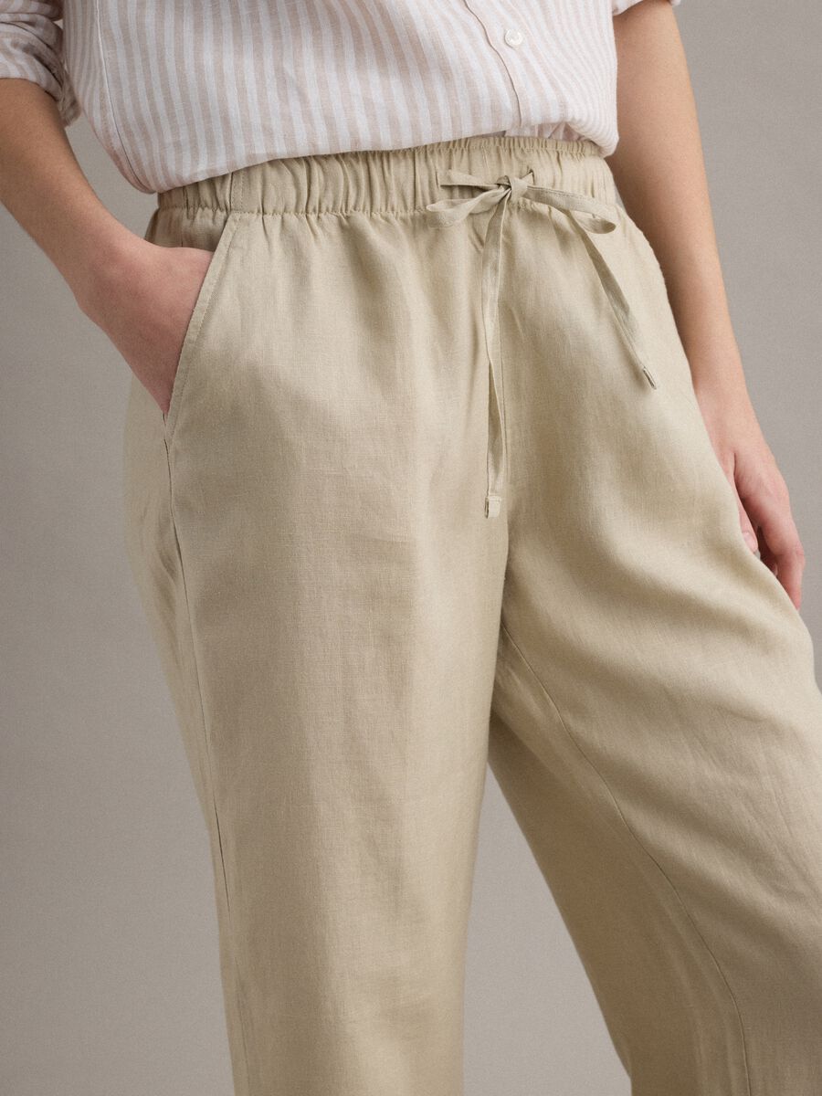 Pantaloni beige in puro lino con coulisse straight fit_4