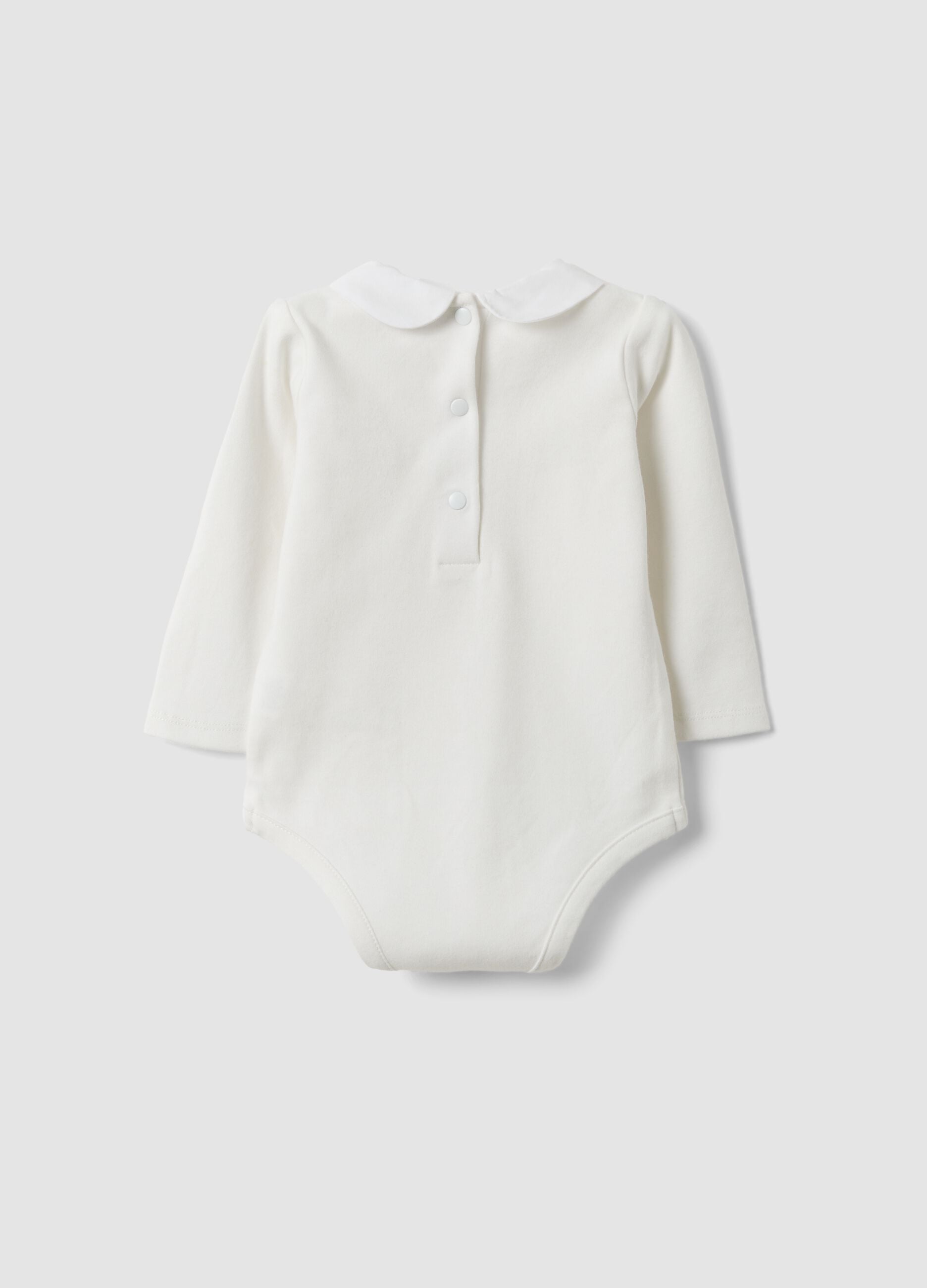White organic cotton bodysuit with collar for baby girl