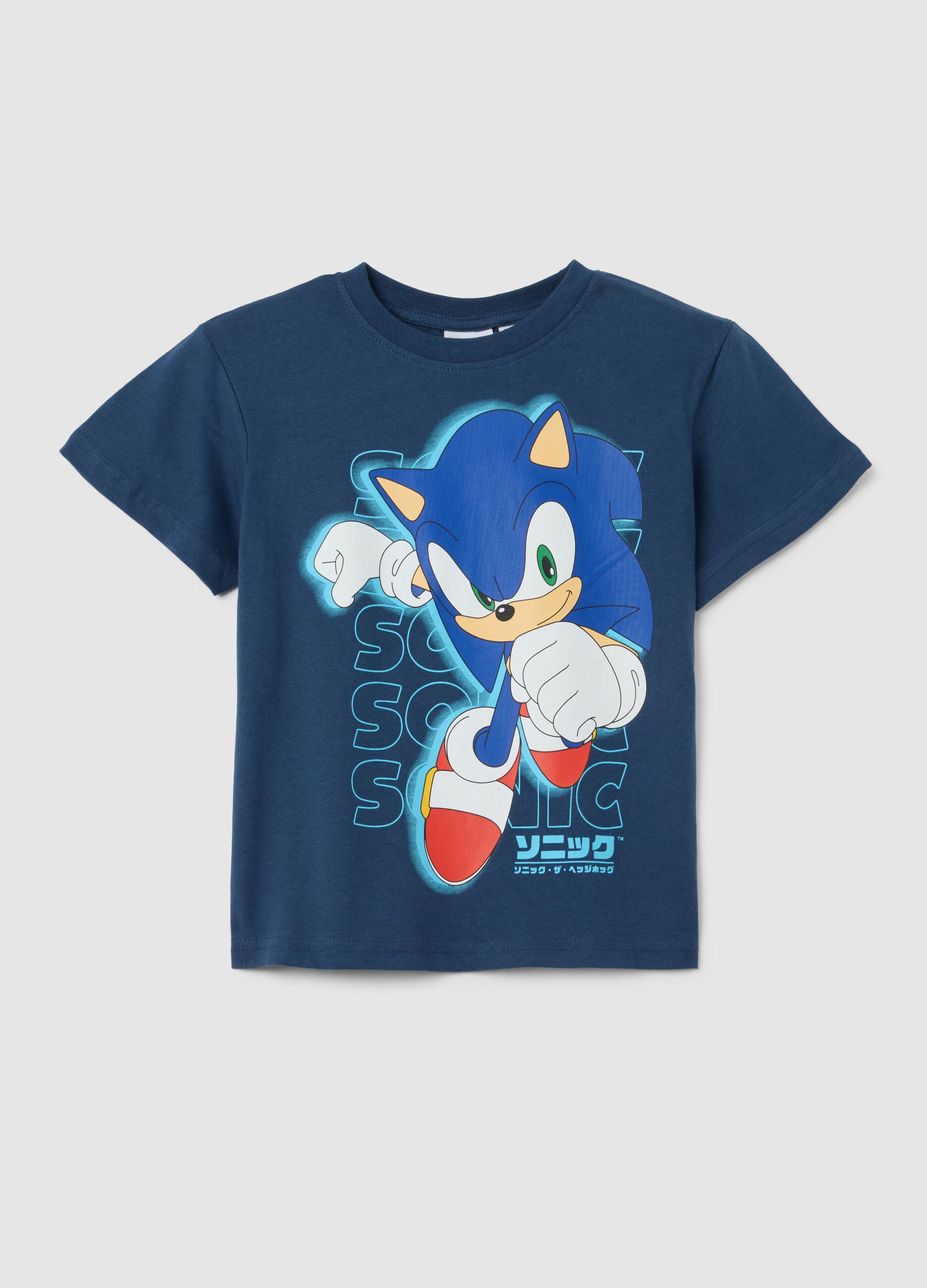 T-shirt da bambino in puro cotone blu regular fit con stampa Sonic