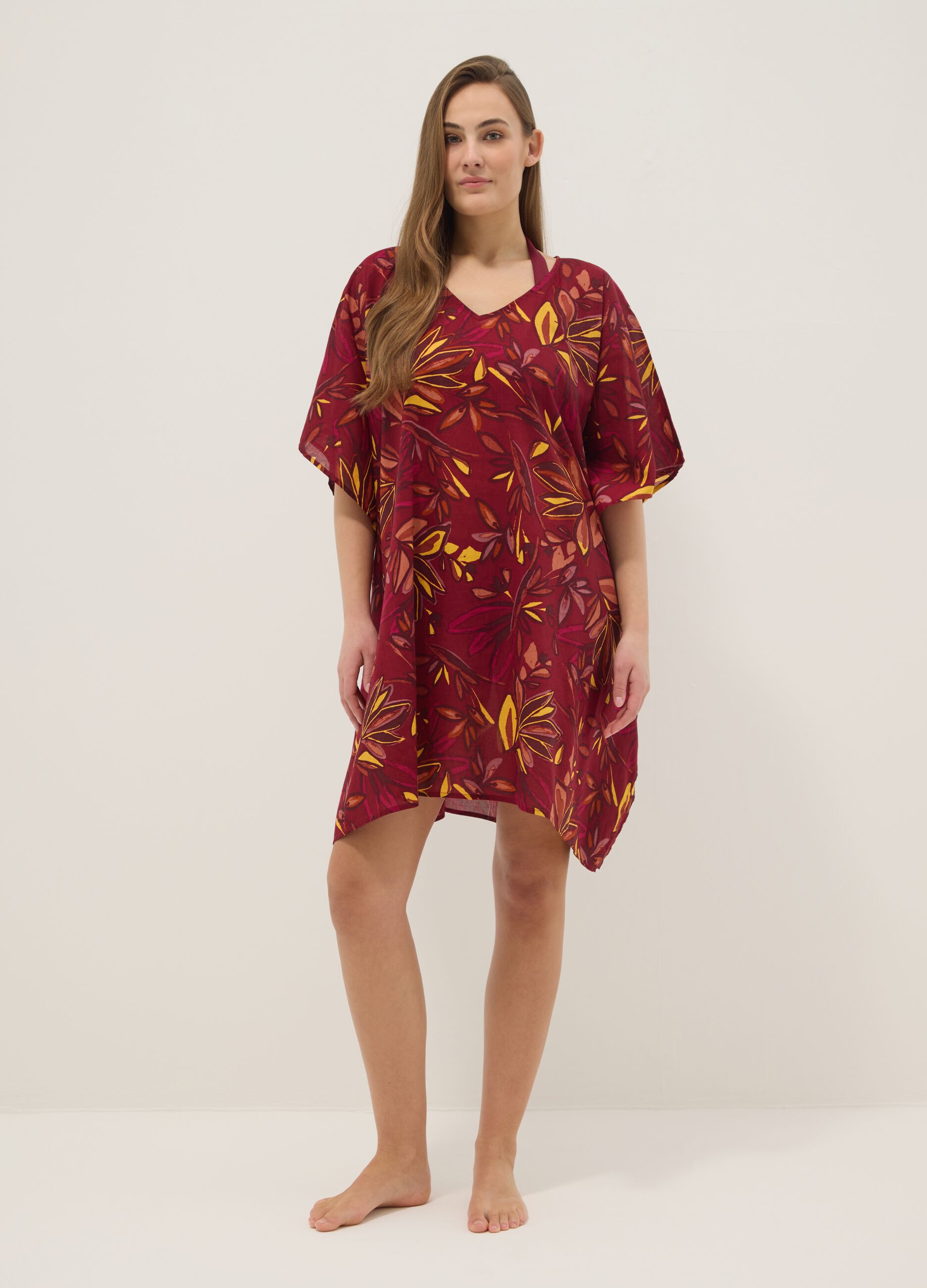 Multicolour pure cotton beach cover-up with floral print
