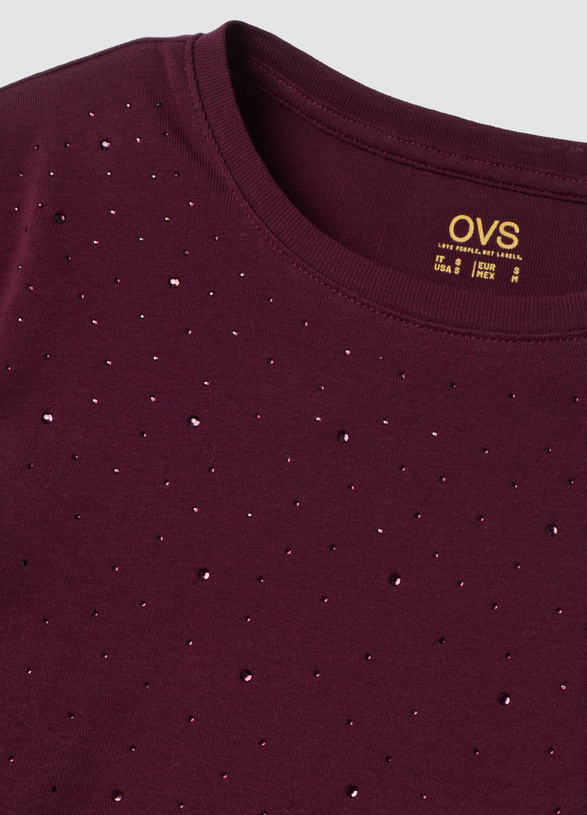 Purple crew-neck pure cotton T-shirt with rhinestones, regular fit