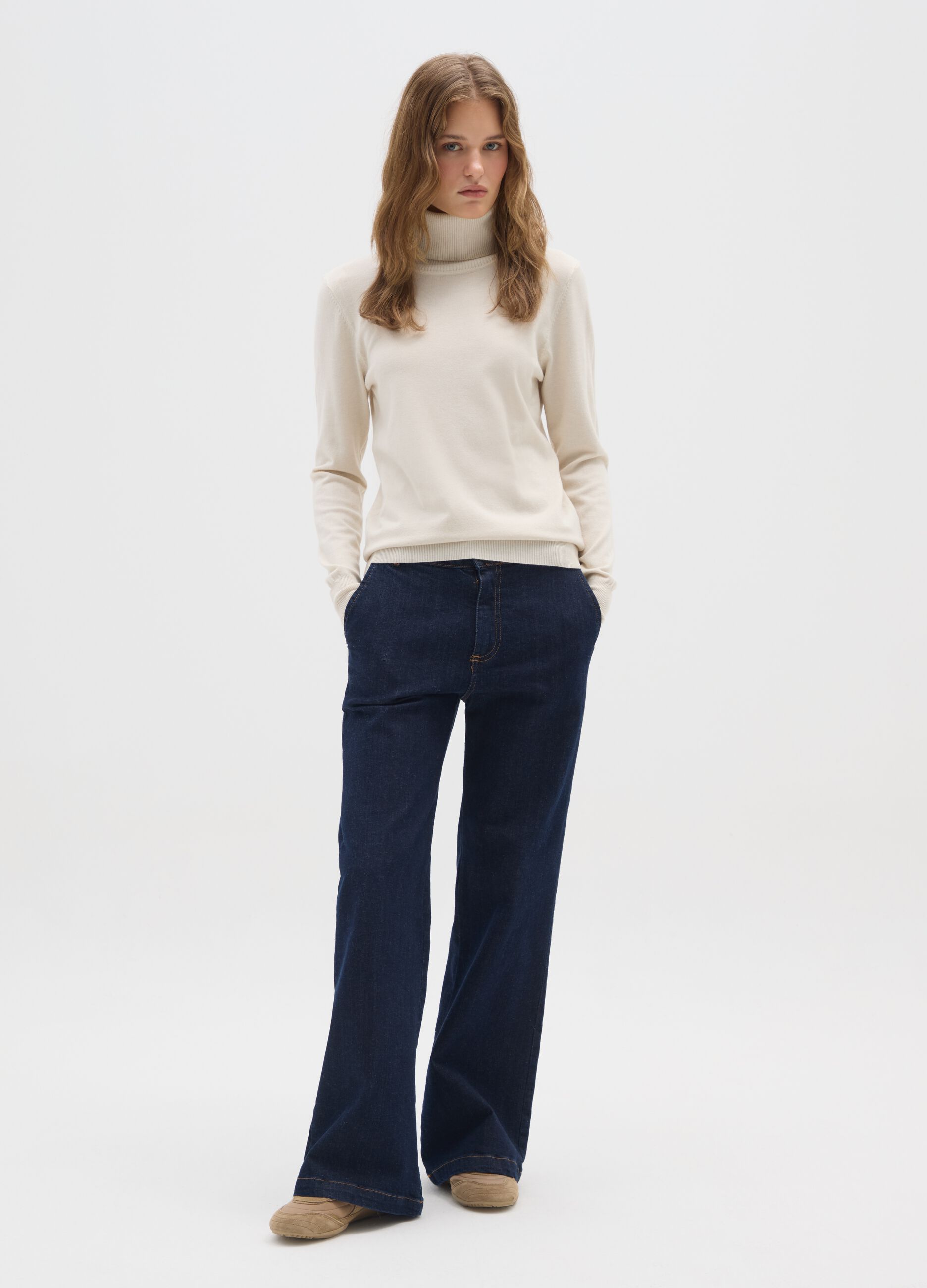 Beige High Neck Regular Fit Jumper