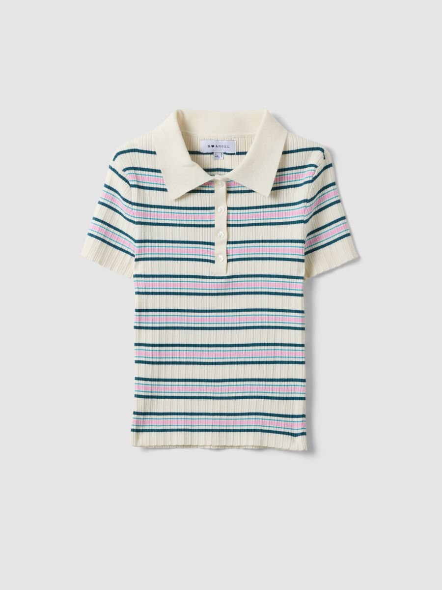 Maglione fitted in misto viscosa a righe multicolor con collo polo_4