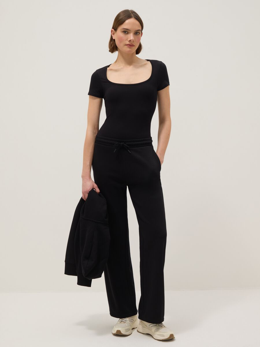 Regular fit black stretch cotton bodysuit with square neckline_1