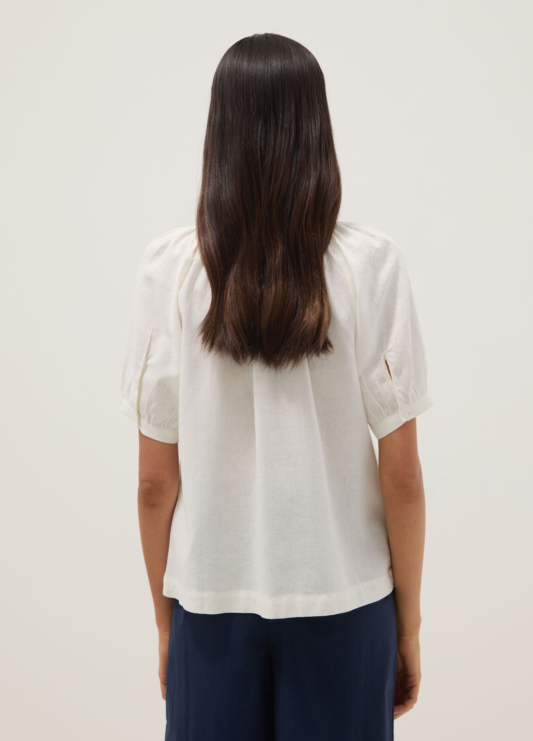 White linen blend regular fit shirt with Mandarin collar