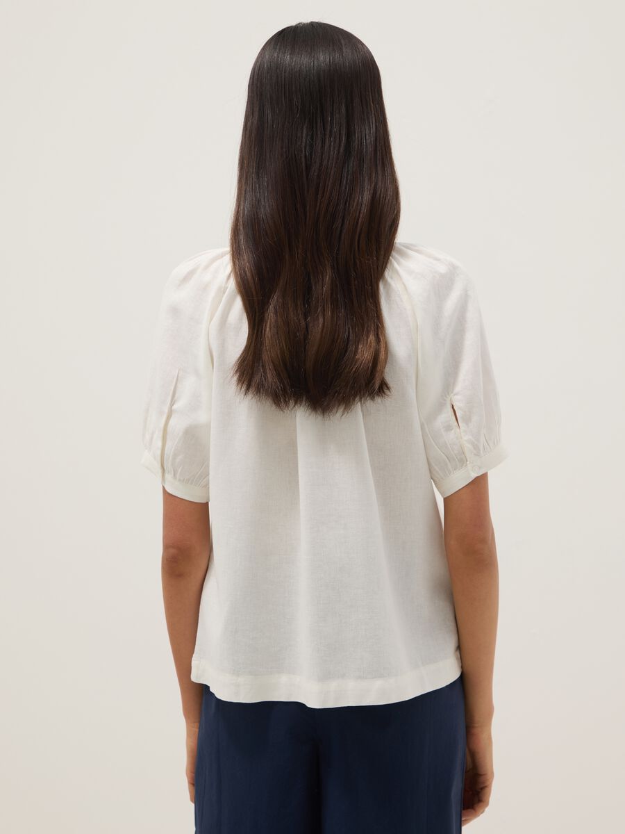 White linen blend regular fit shirt with Mandarin collar_3