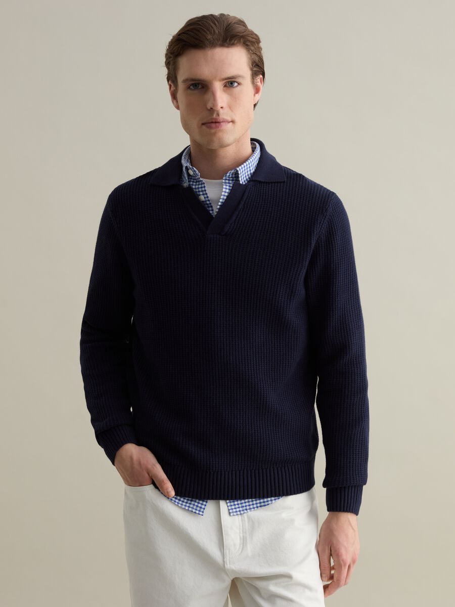 Pullover with polo neck and micro waffle weave_0