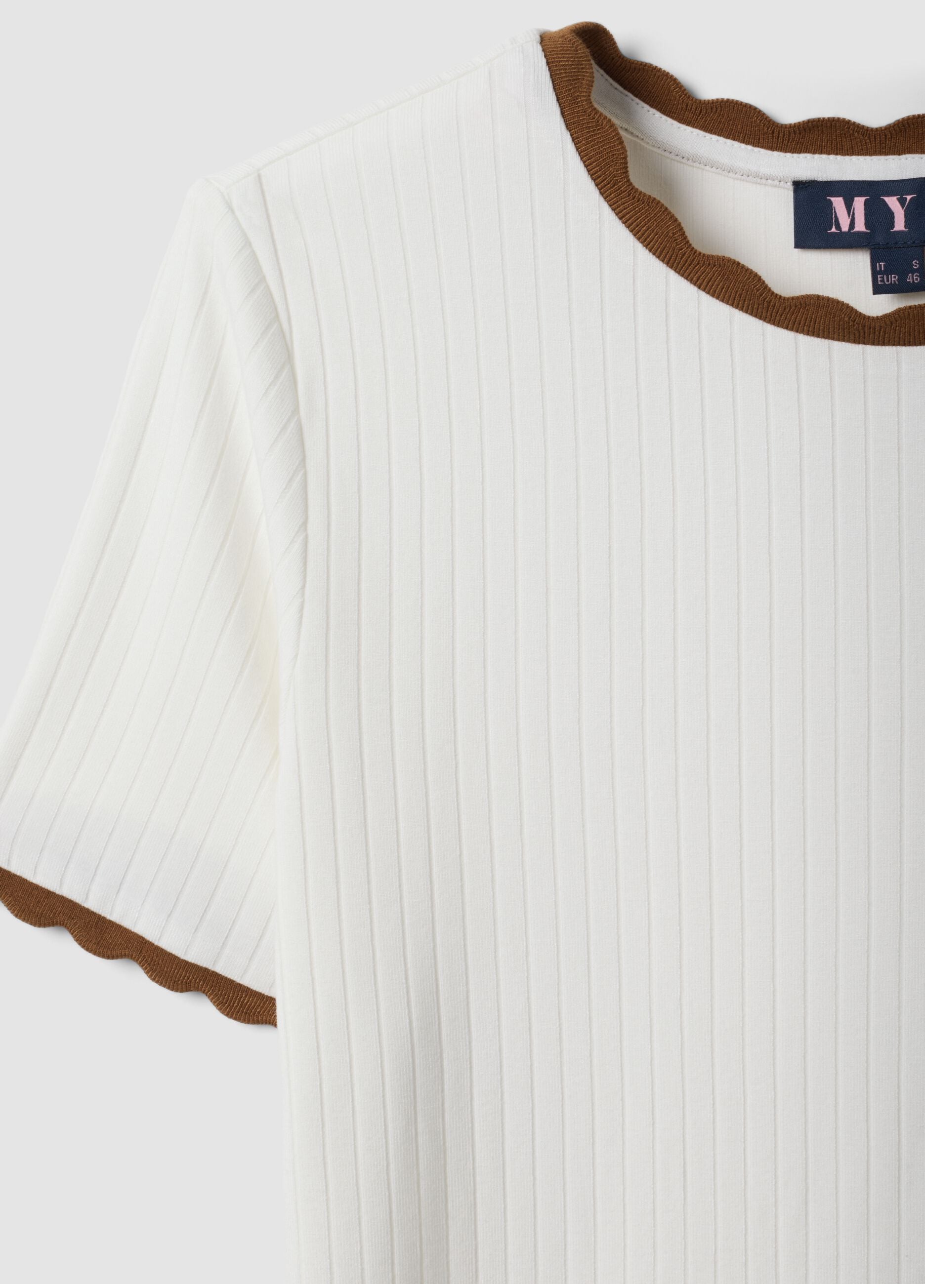 White stretch viscose crew-neck T-shirt with contrast trims