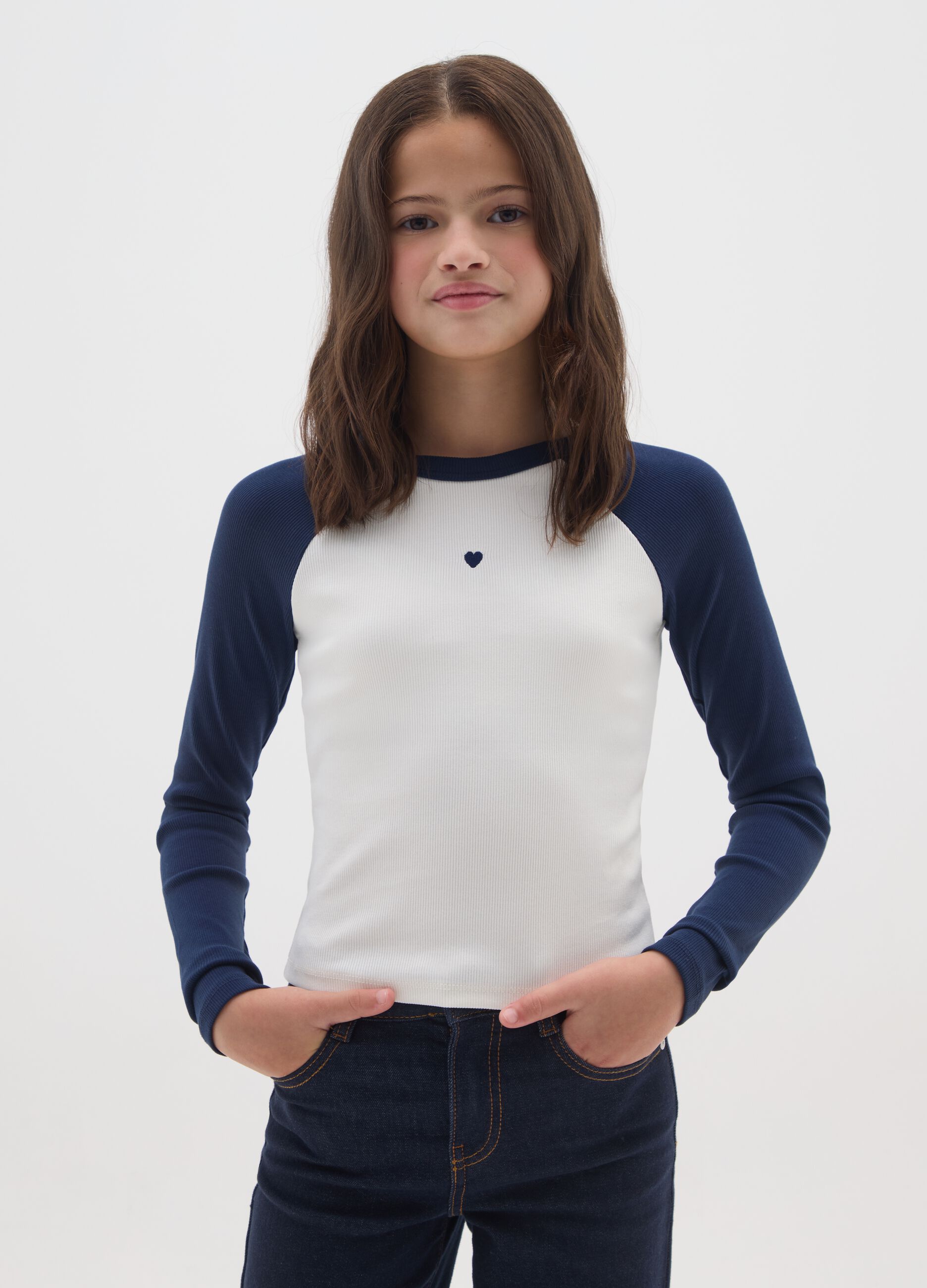 Girls' long sleeve white and blue cotton t-shirt