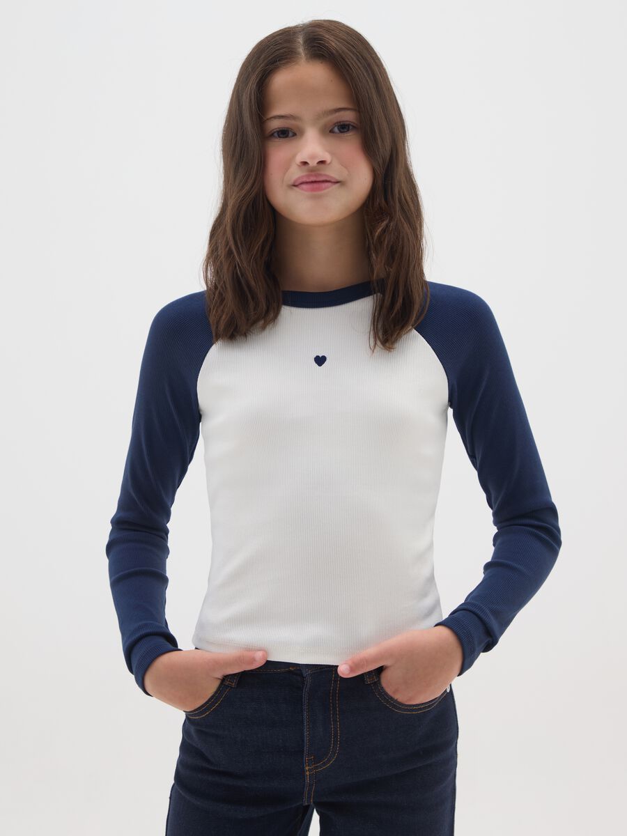 Girls' long sleeve white and blue cotton t-shirt_0