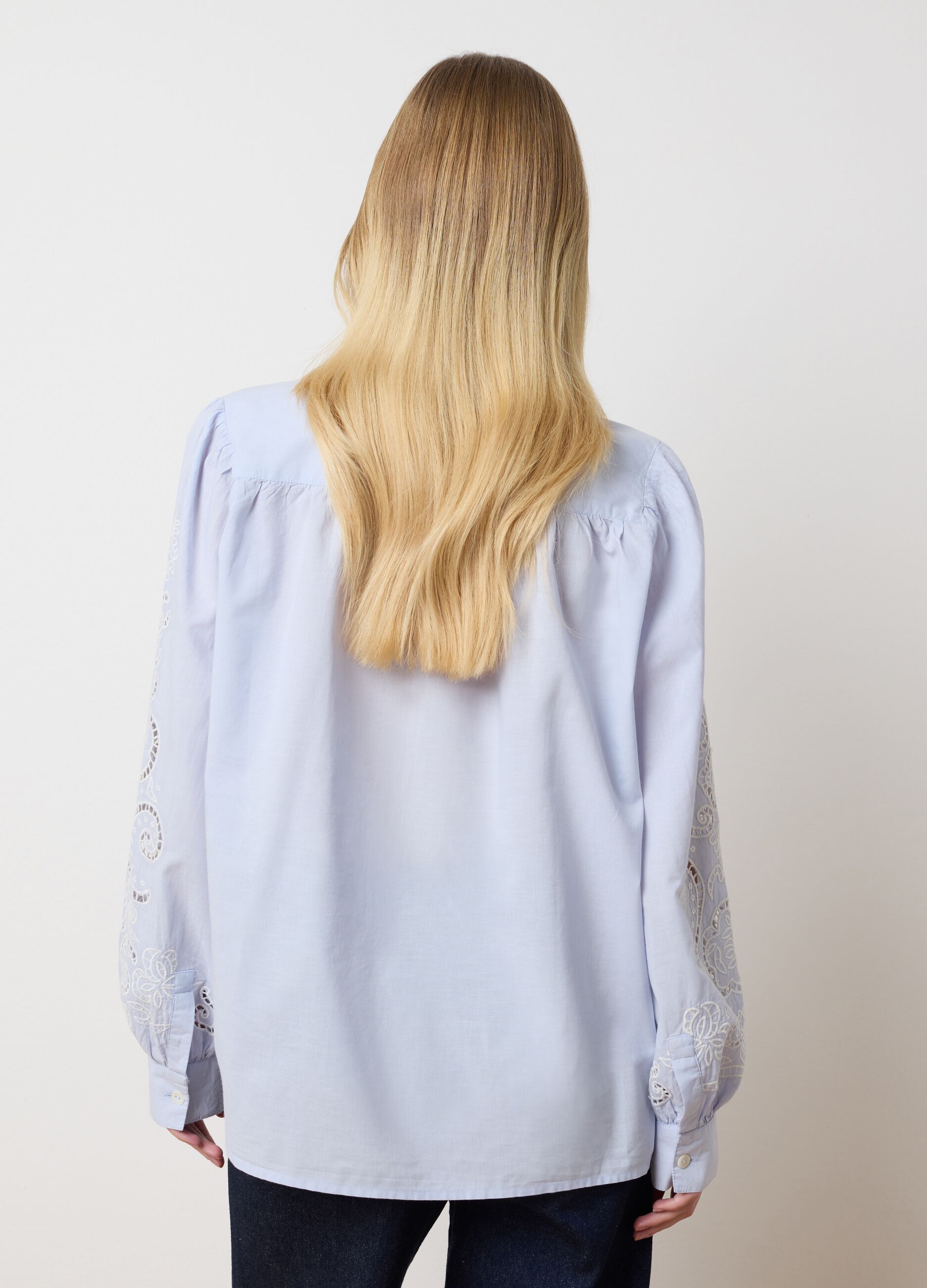 Women's regular fit light blue pure cotton shirt with embroidery