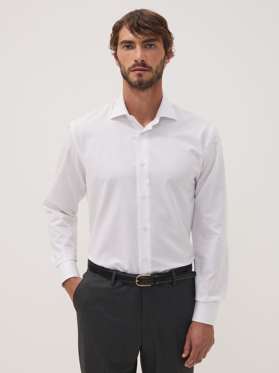 Camicia bianca in puro compact cotton con collo classico regular fit_0