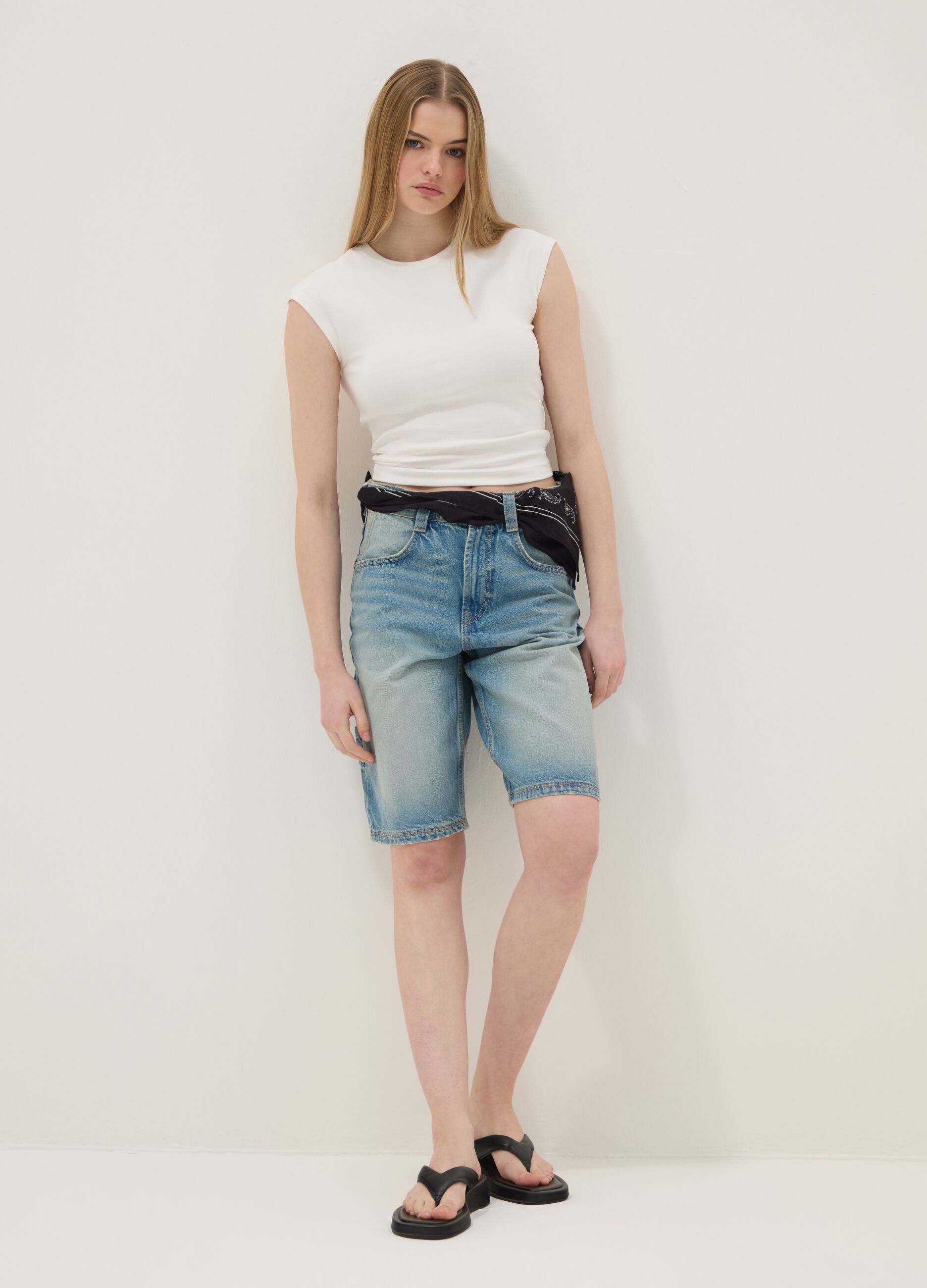 Light blue pure cotton denim Bermuda shorts, baggy fit