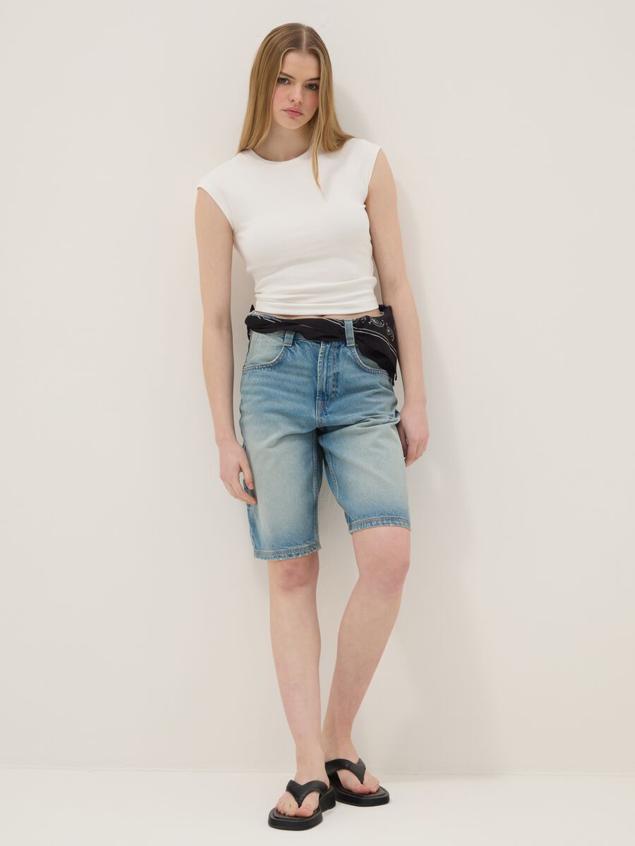 Light blue pure cotton denim Bermuda shorts, baggy fit_0
