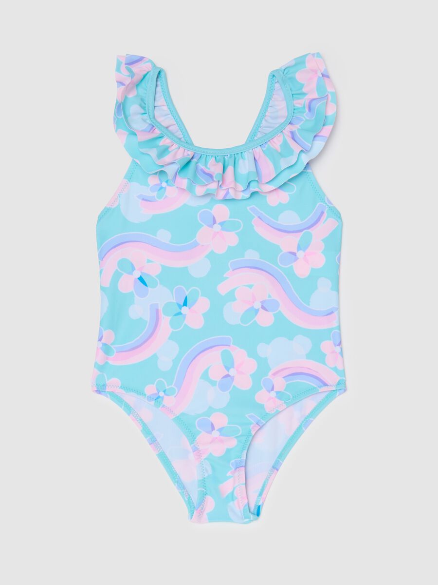 Girls’ one-piece swimsuit in multicoloured stretch fabric_0