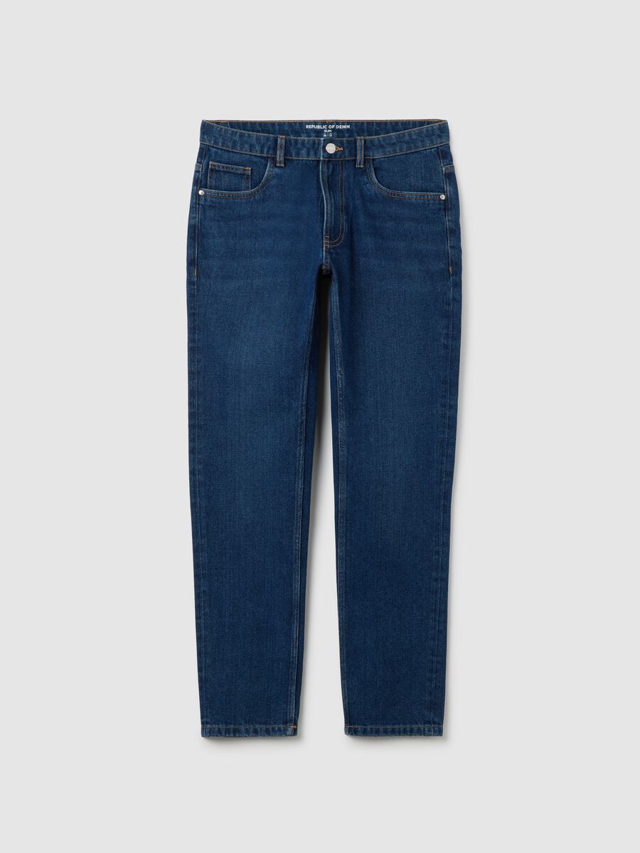Blue denim cotton blend slim fit jeans_4
