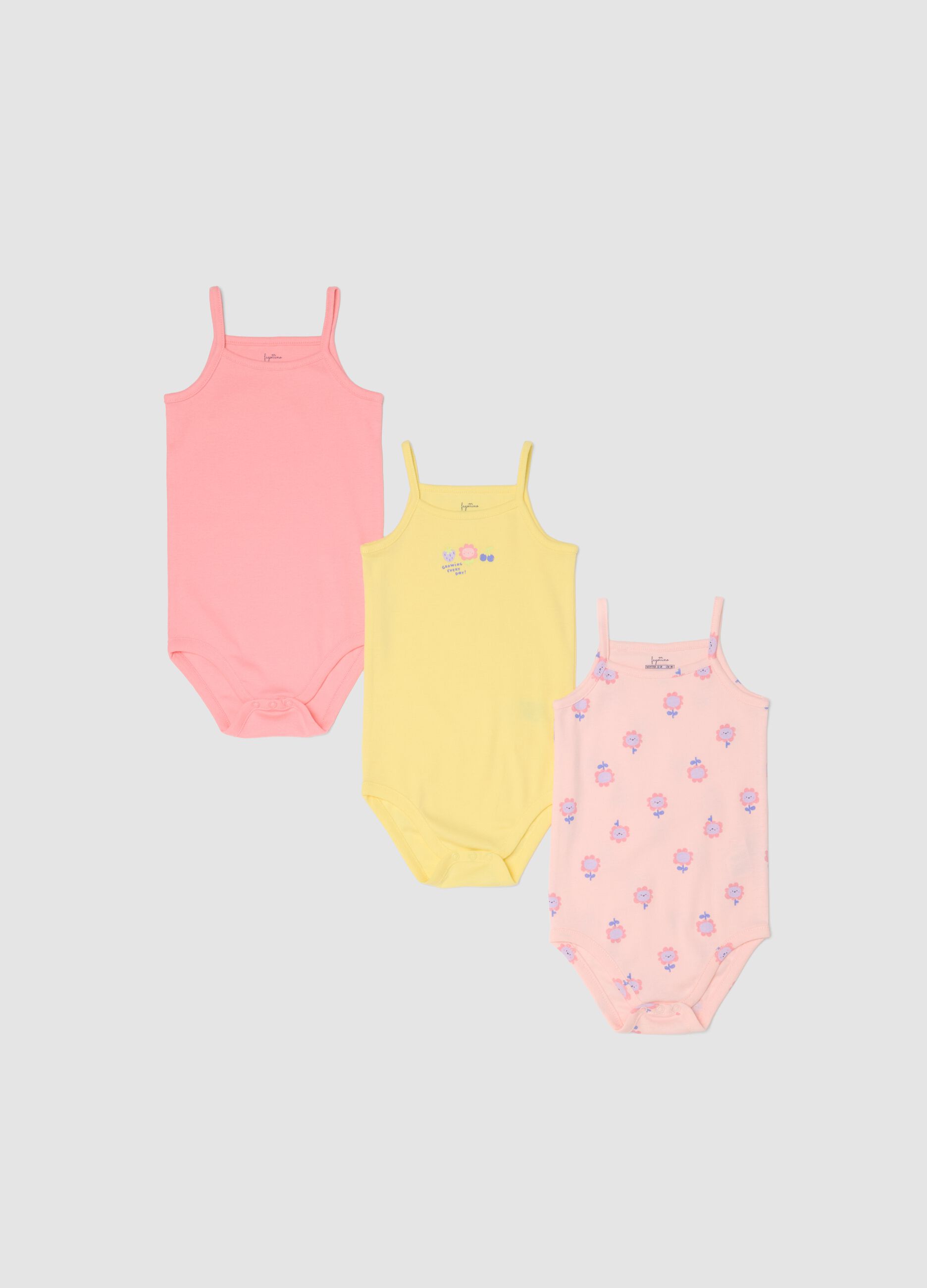 Sleeveless multicolour cotton bodysuit tripack for baby girls