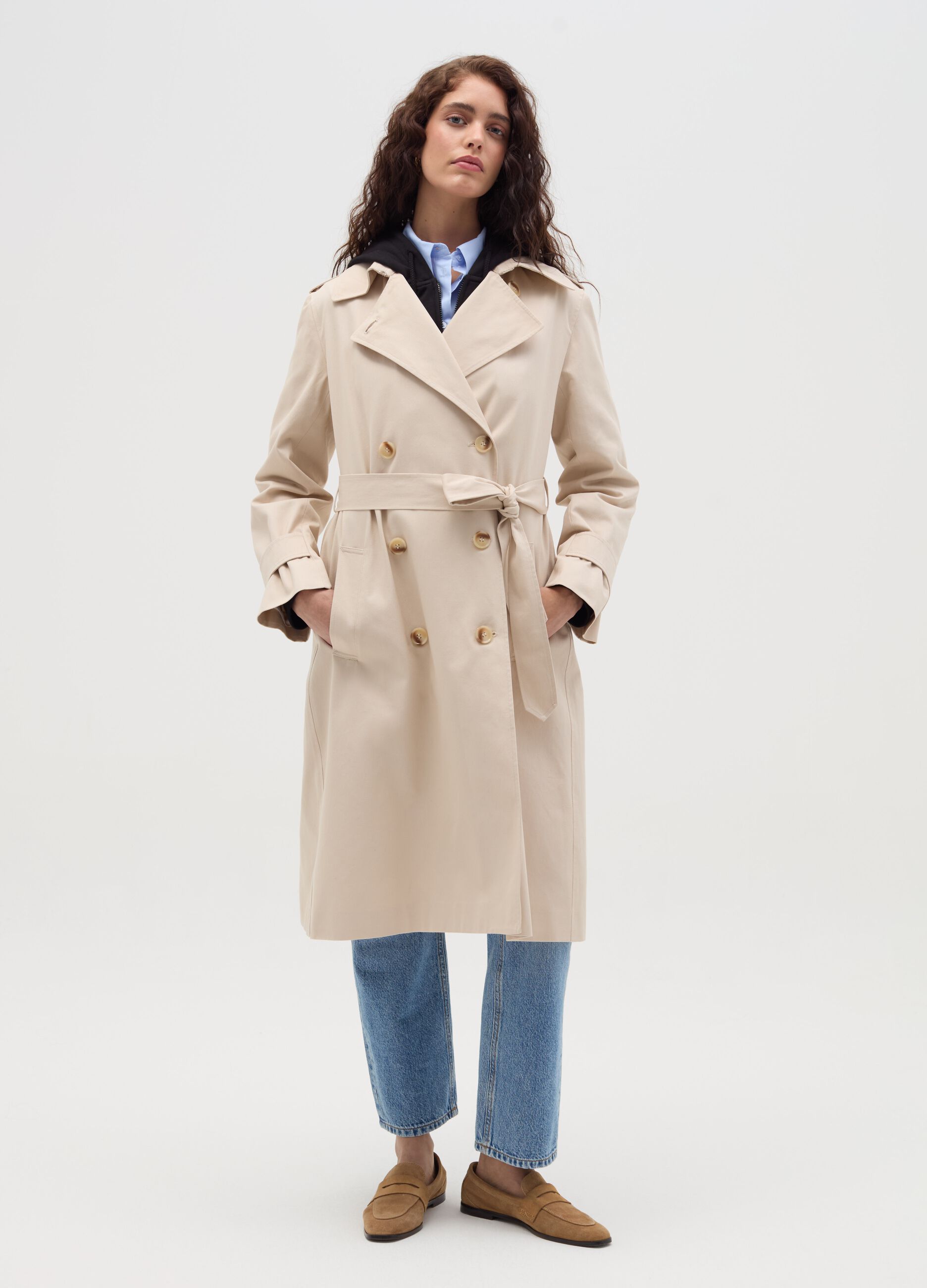 Long double-breasted trench coat with belt