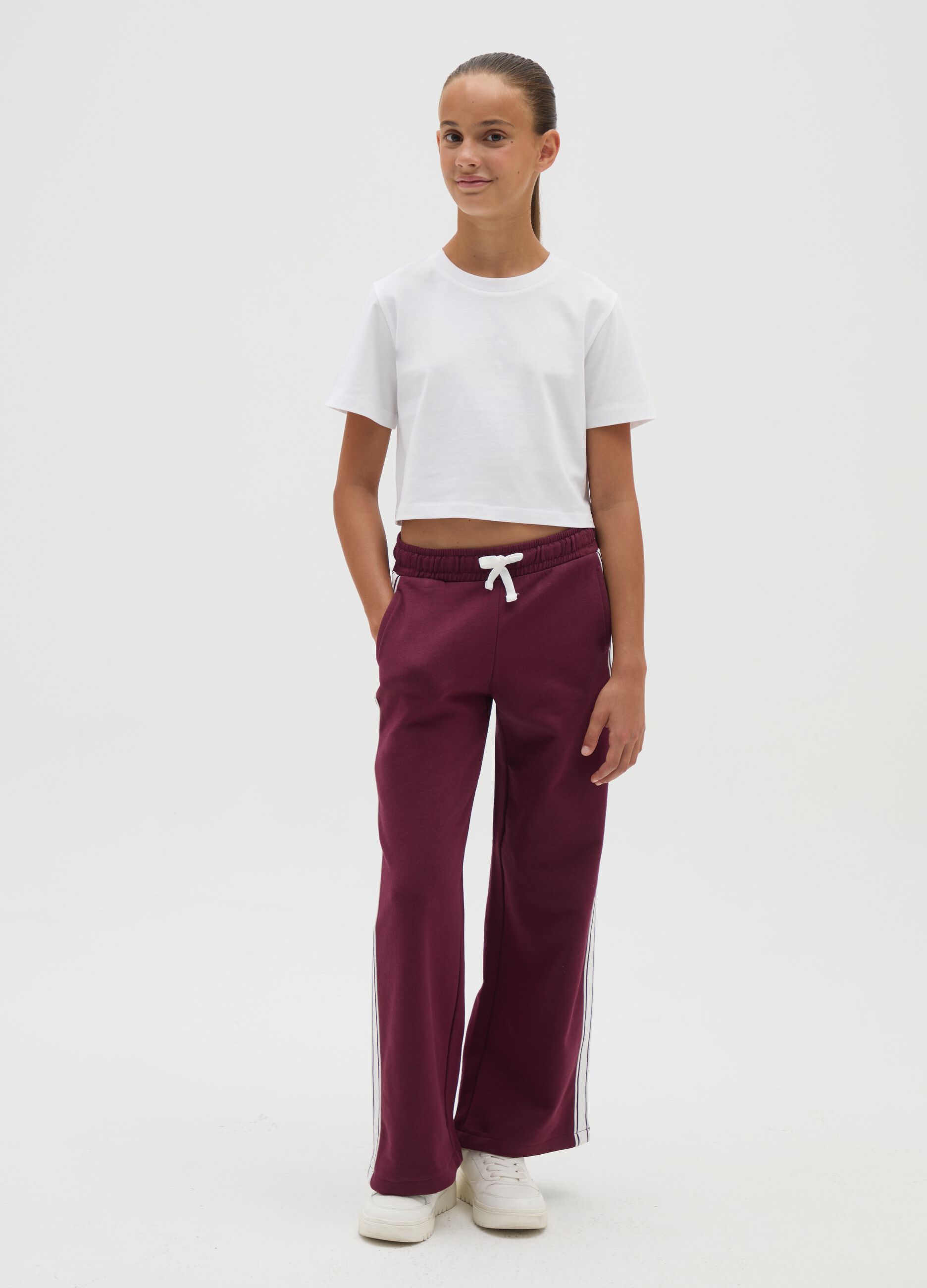 Girls' pure cotton red wide-leg striped trousers