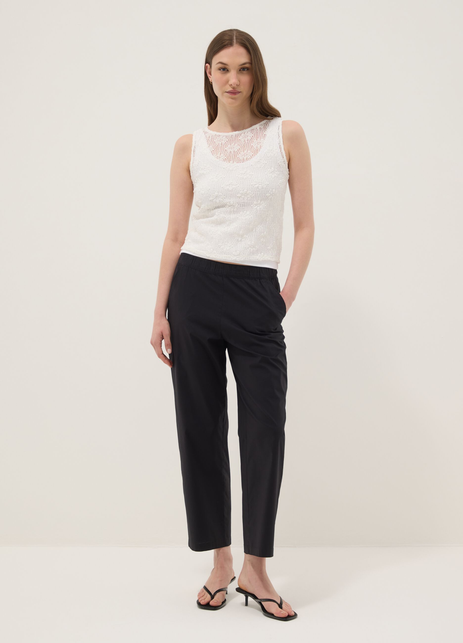 Blue stretch cotton trousers with elasticated waistband