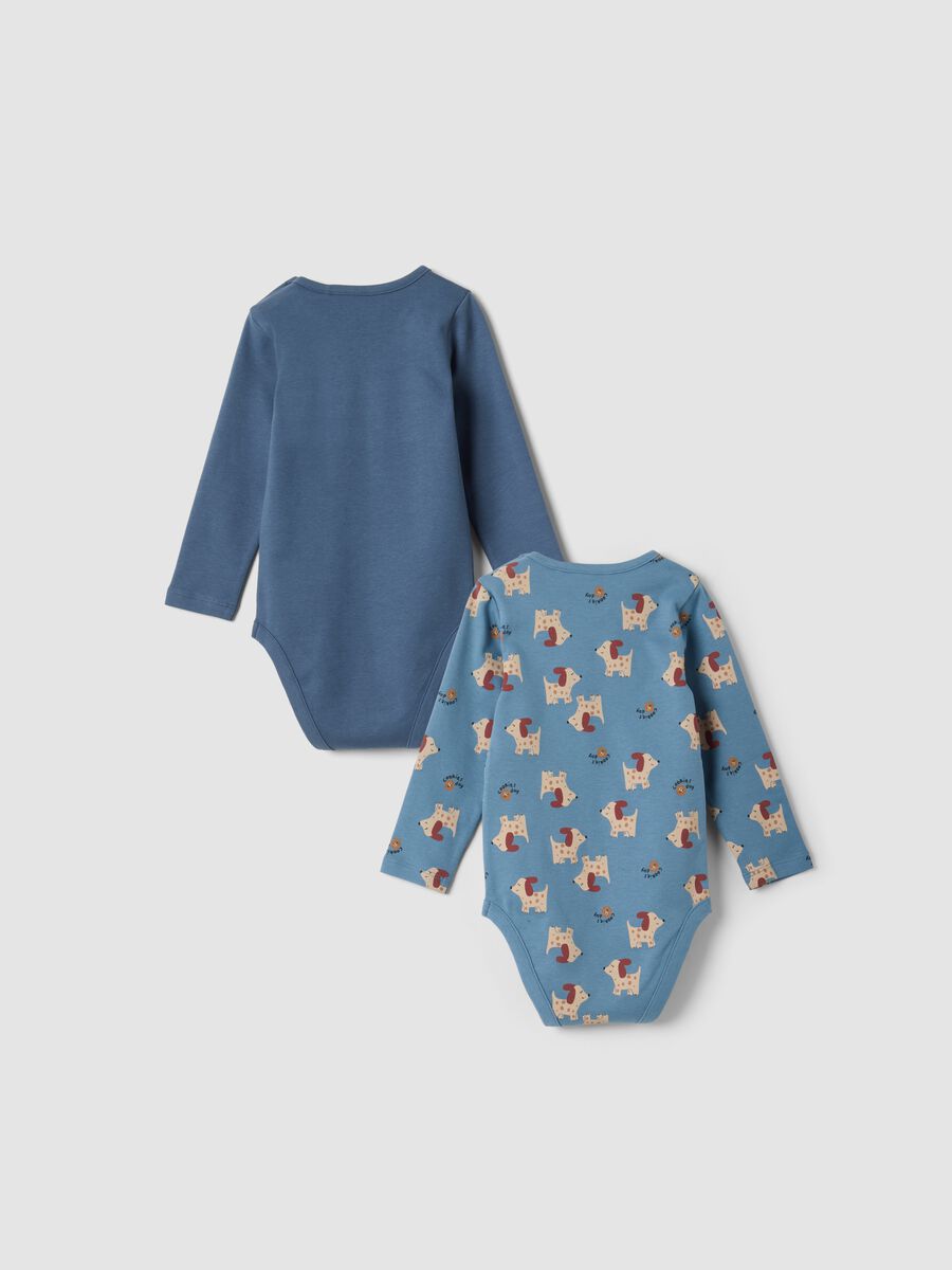 Pack of 2 blue organic cotton crew-neck baby bodysuits with puppy print_1